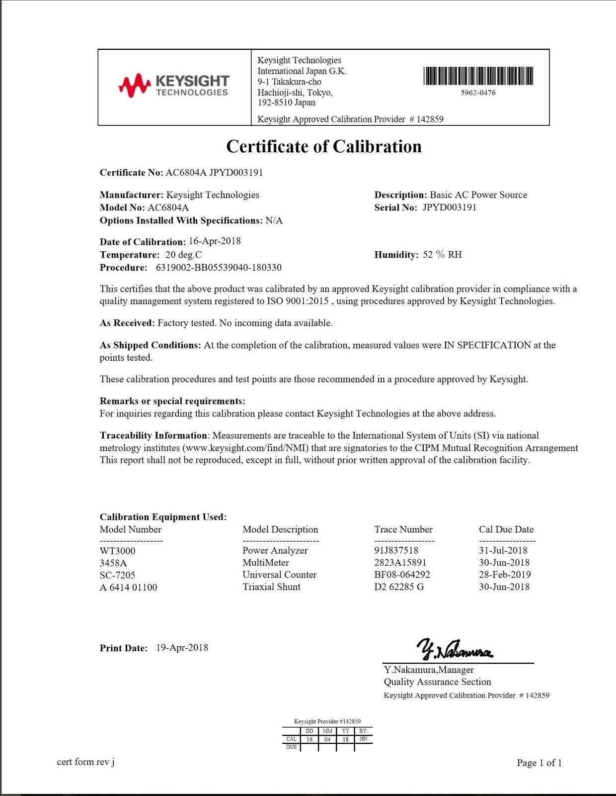 Keysight AC6804A Basic AC Power Source, 4000 VA, 270 V, 20 A , 2 in stock