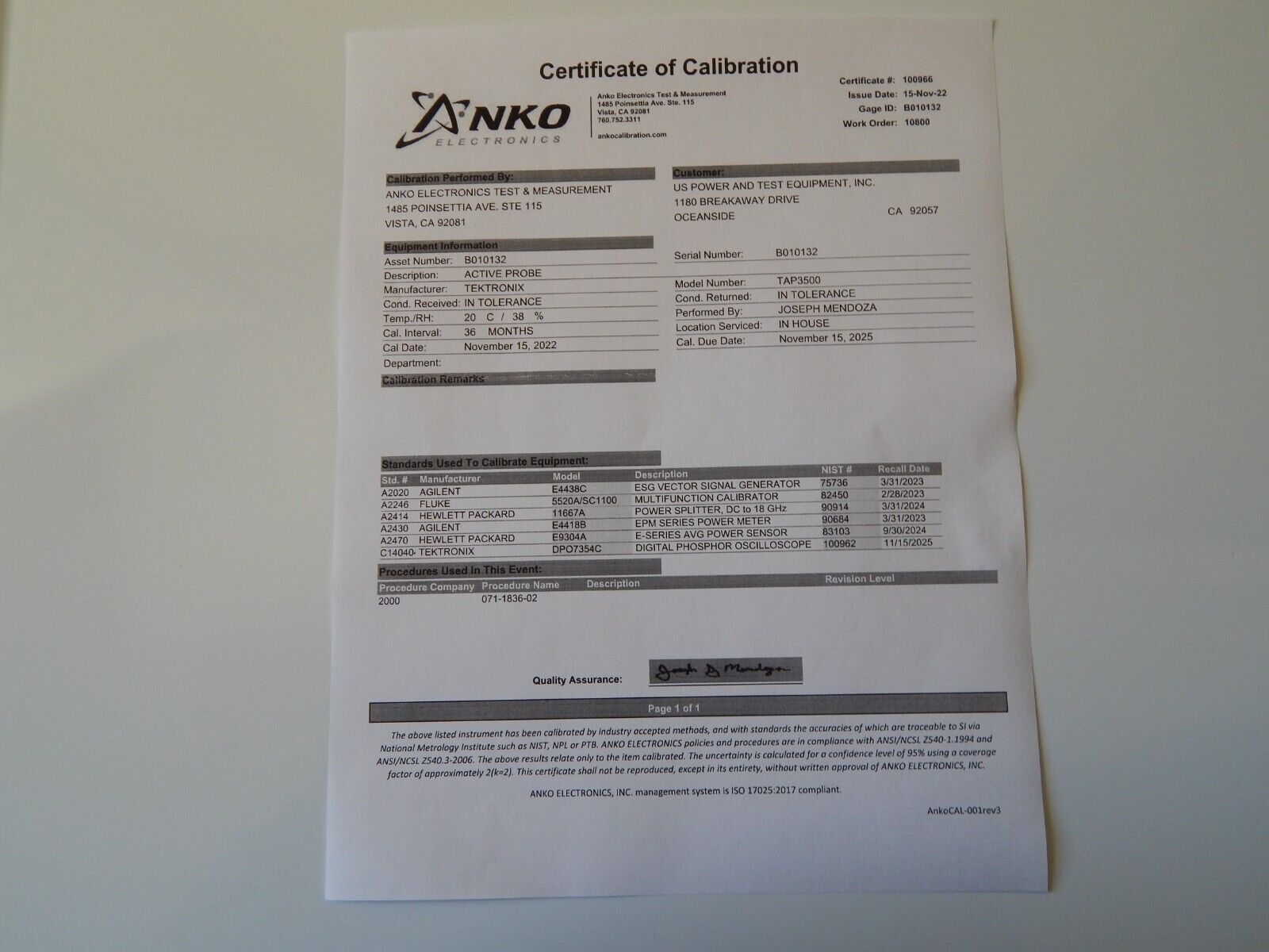 Tektronix TAP3500 3.5GHz Active Probe 30Vpk Max, NIST Cal'd
