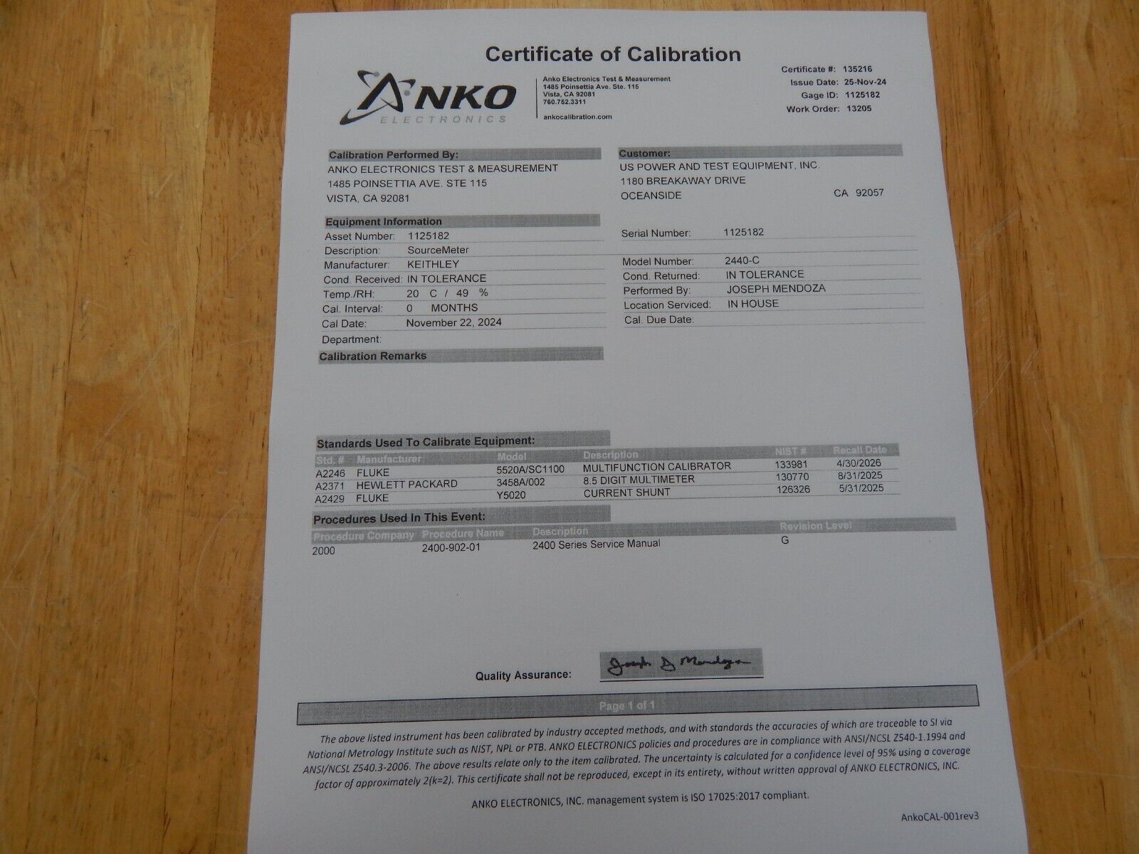 KEITHLEY 2440-C Source/meter, 40V, 5A, 50w w/NIST cal