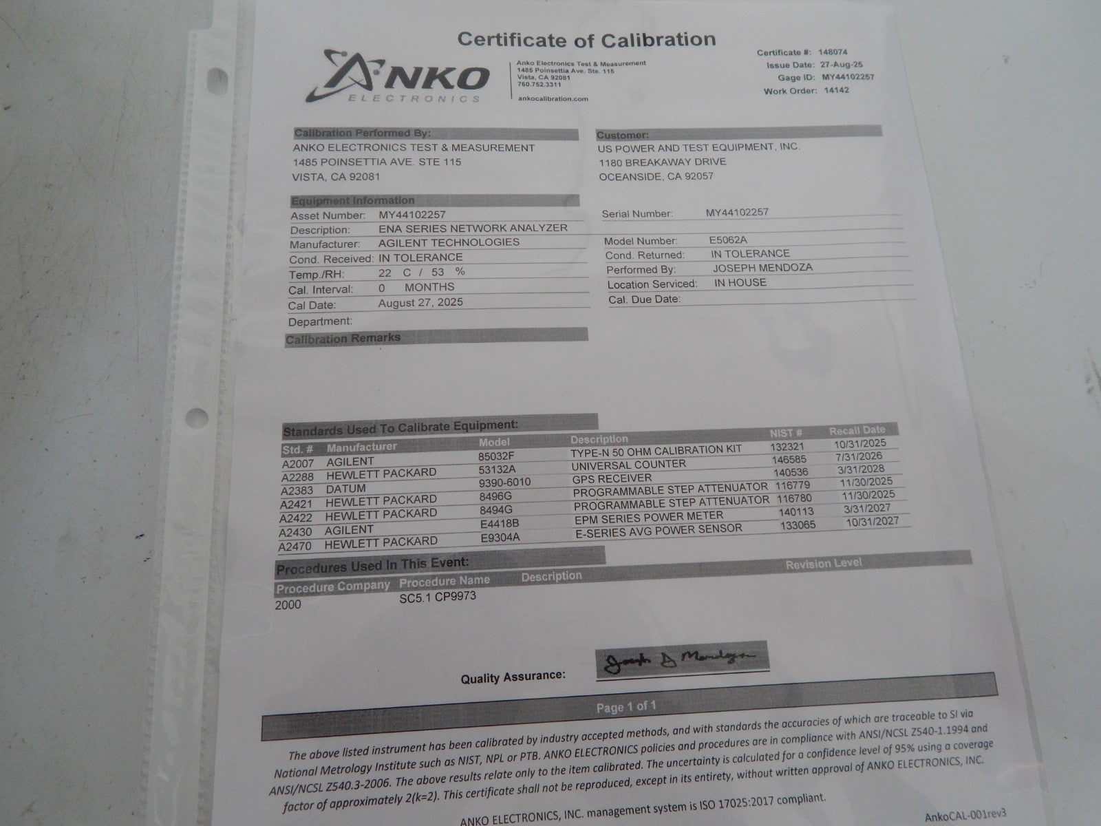 Agilent E5062A 3GHz Network Analyzer Opt. 016, 100, 150 & 1E1, NIST, 3mth wrnty