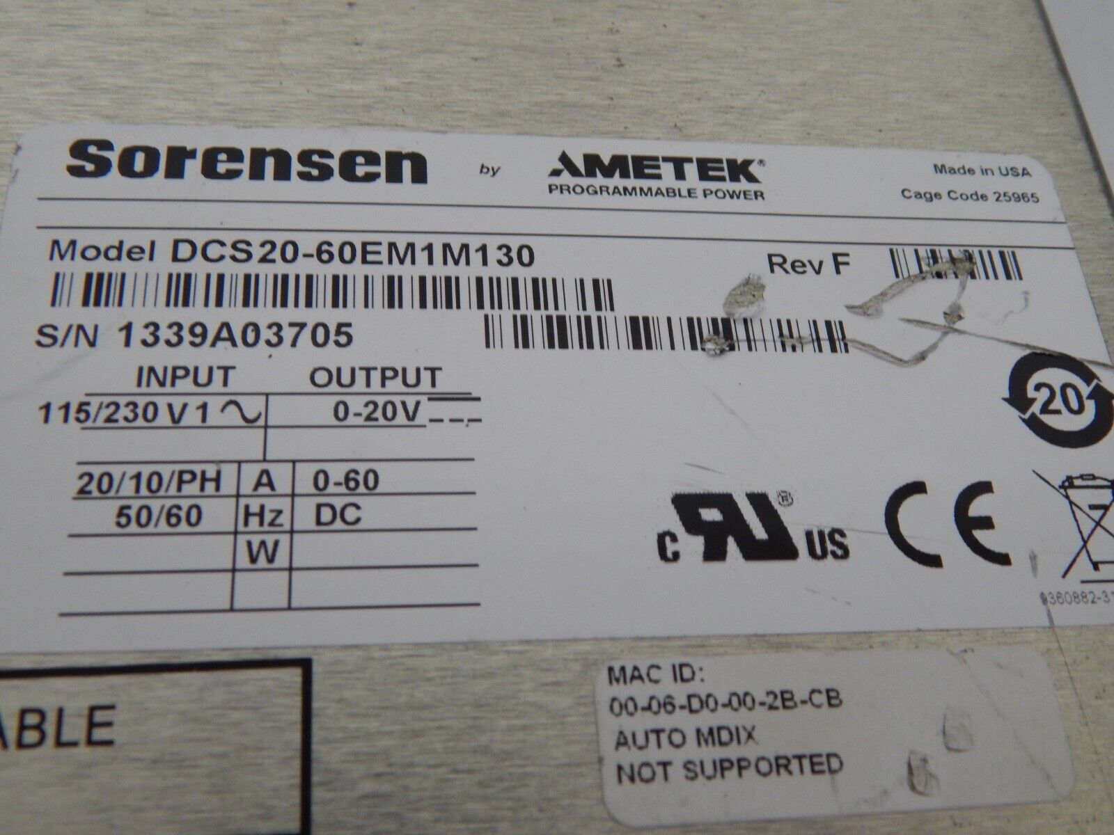 Sorensen DCS20-60EM130 LXI Power Supply, 0-20 V, 0-60 A  Ethernet