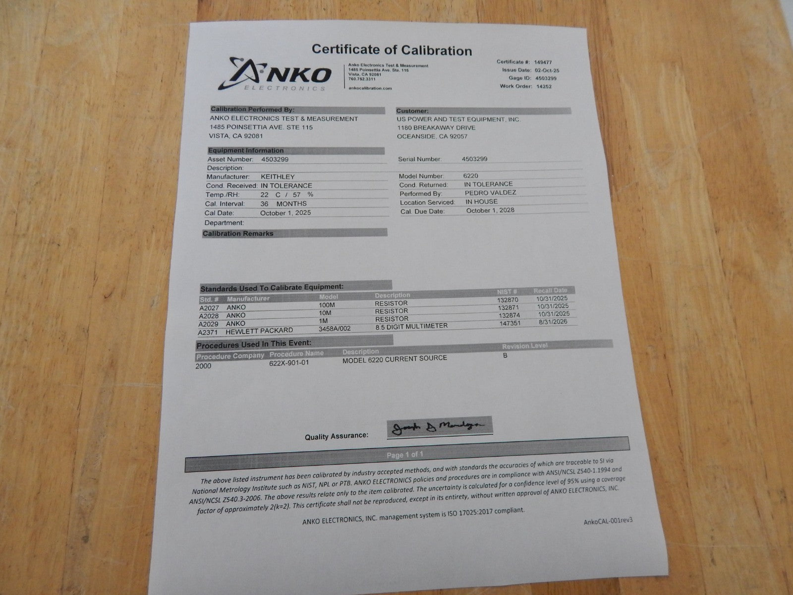 Keithley 6220 Precision Current Source- NIST Calibrated October 2025