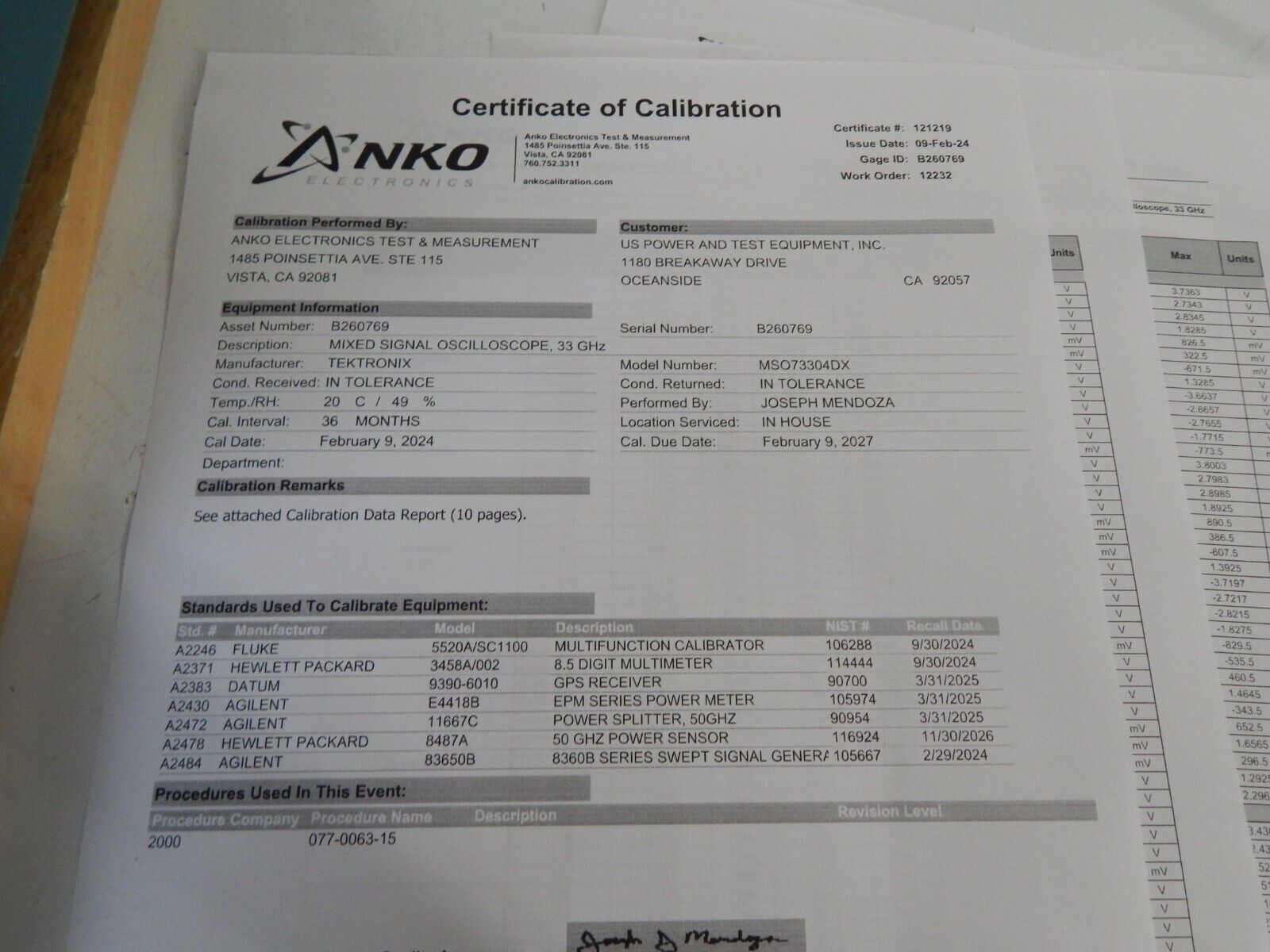 Tektronix MSO73304DX 33GHz, 100Gs/s, 4+16 Ch., MSO oscilloscope, NIST, W7