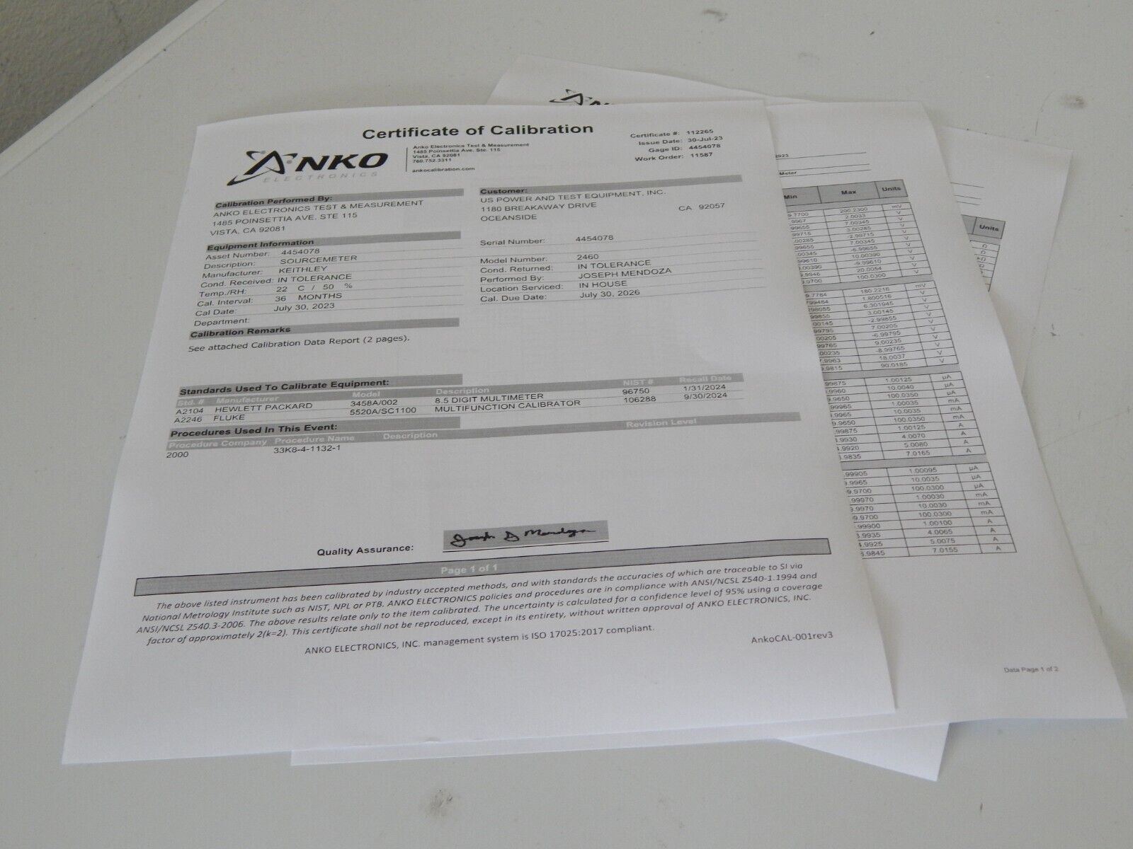 Keithley 2460 High Current Graphical SourceMeter w/NIST cal and data