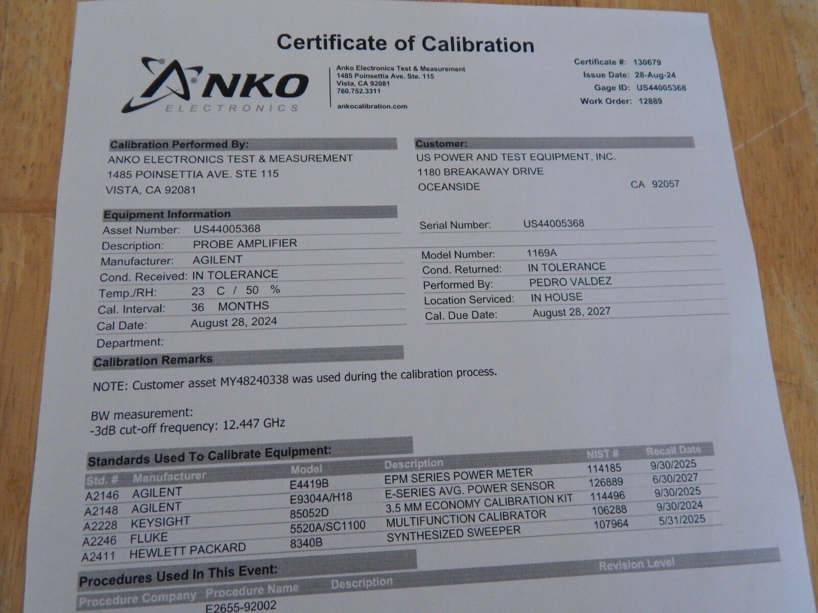 Agilent 1169A Oscilloscope 12 GHz InfiniiMax Probe, NIST calibration US44005368