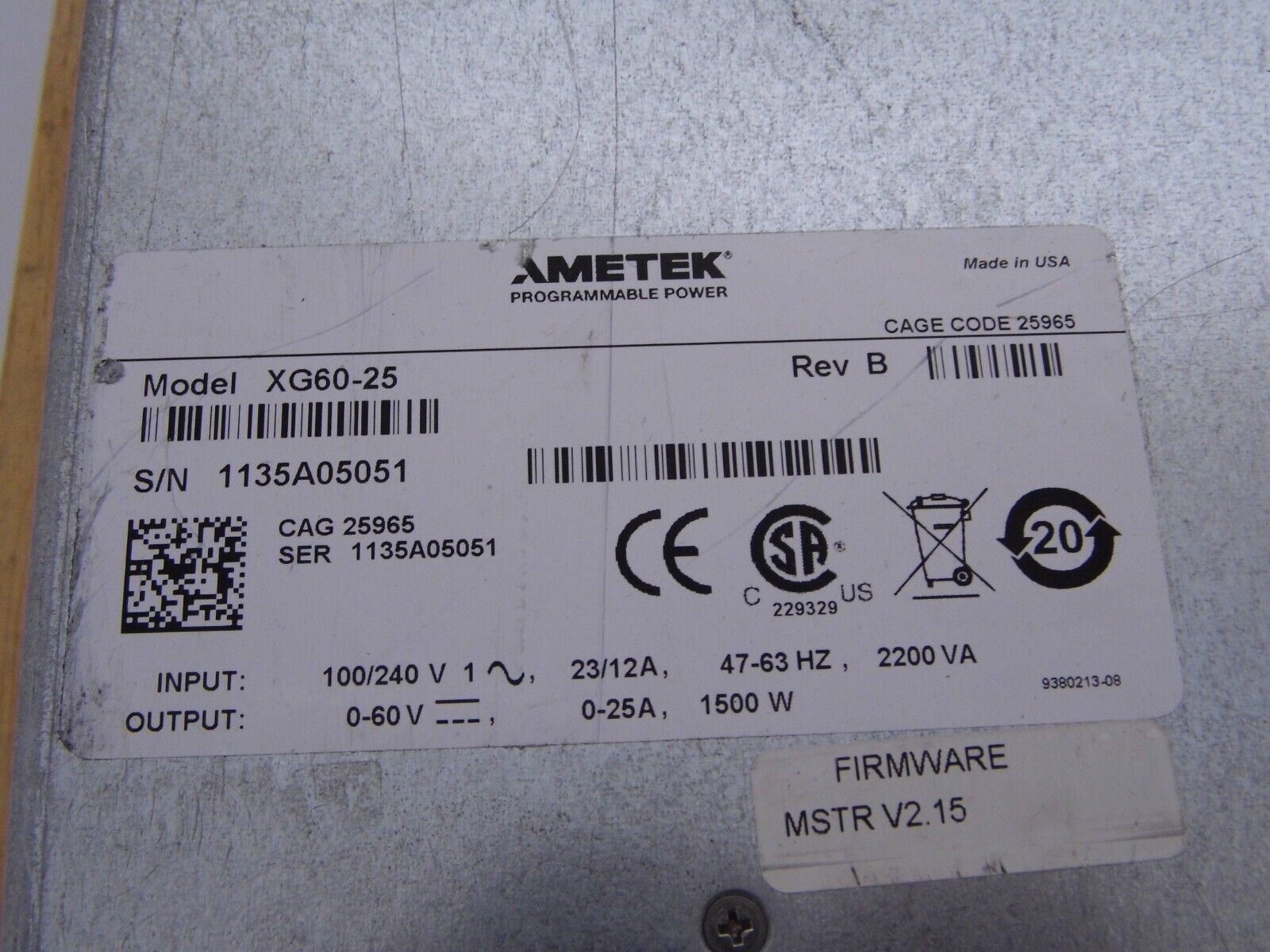 AMETEK SORENSEN XG60-25 1500W Programmable Power Supply 0-60V 0-25A