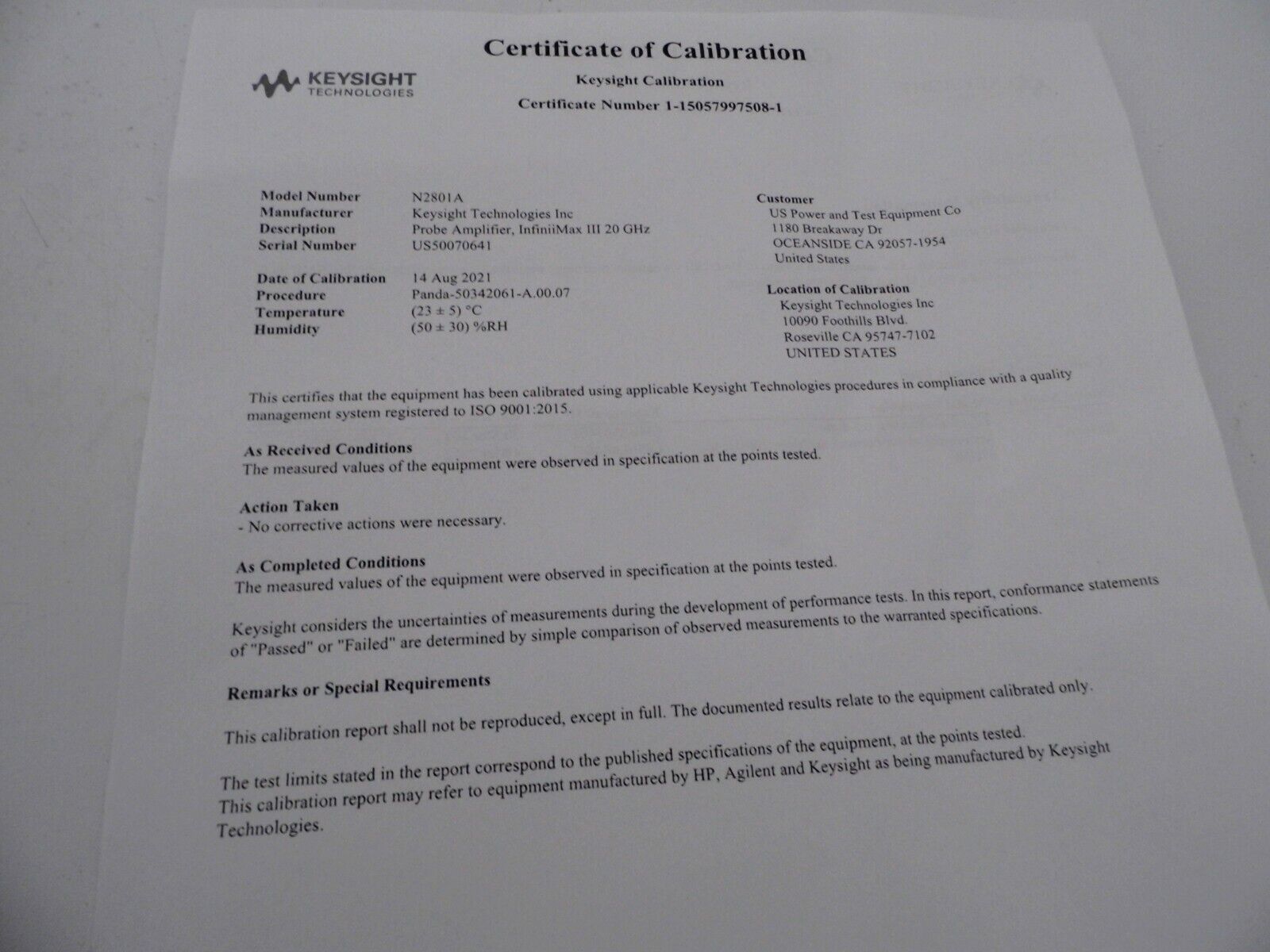 Agilent N2801A 20 GHz InfiniiMax III Series probe amplifier Keysight cal 8/2021
