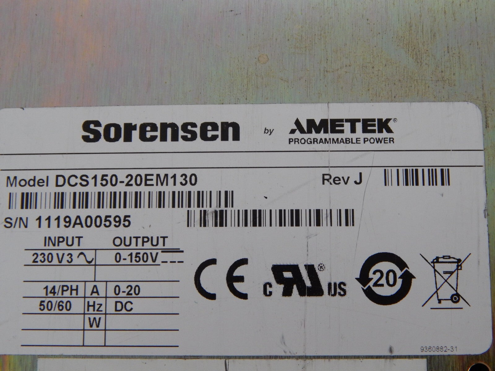 Ametek/Sorenson DCS150-20E M130 LX1 DC Power Supply  0-150V, 0-20A, 3kW