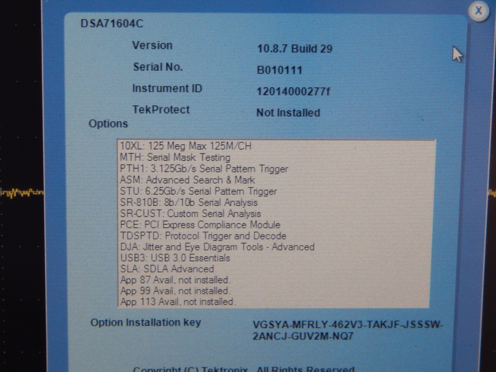 Tektronix DSA71604C 16Ghz 100GS/s Oscilloscope option loaded, s/n B010111