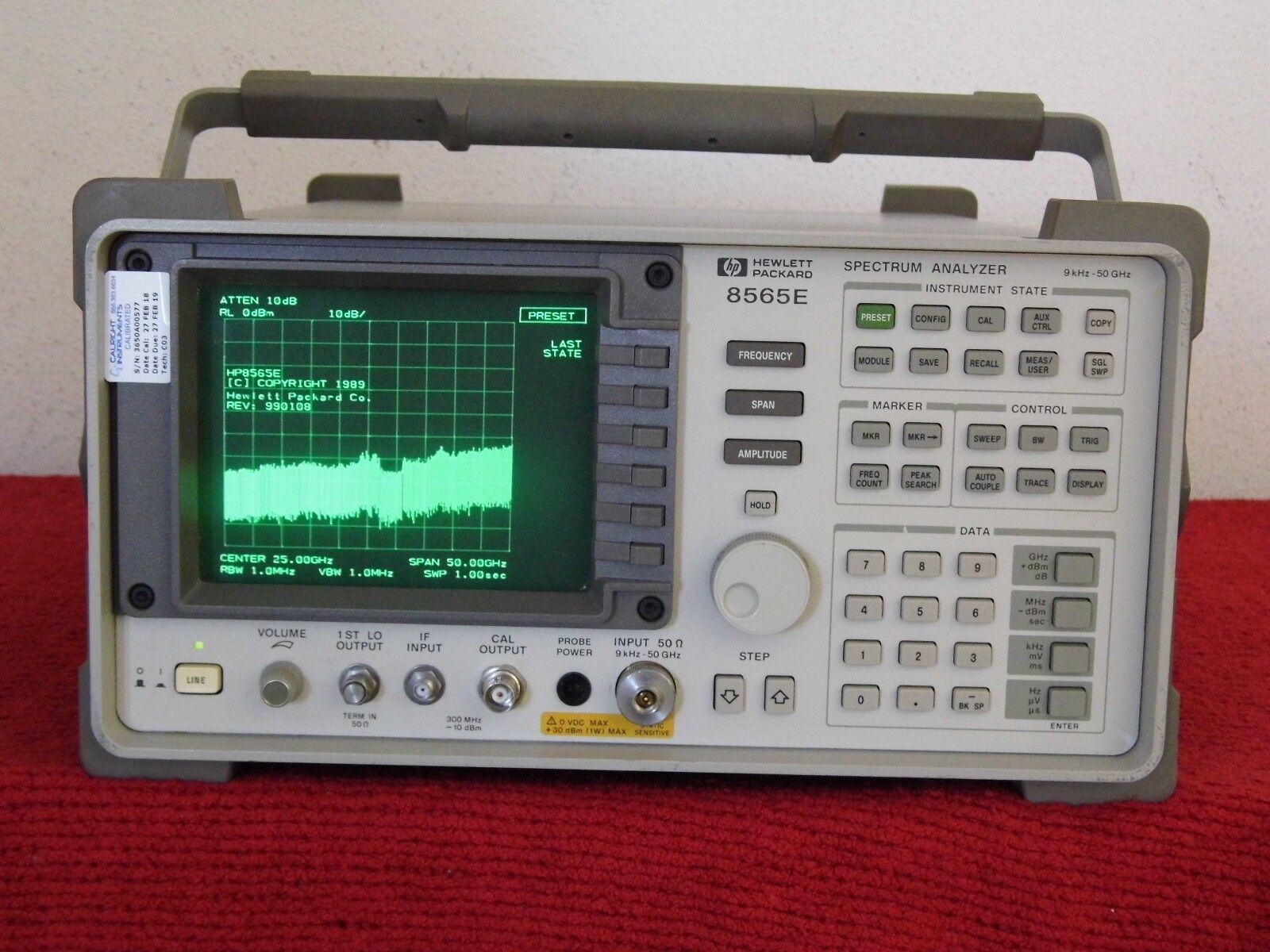 Agilent 8565E opt's 006/007 Spectrum Analyzer, 30Hz to 50GHz  NIST w/DATA