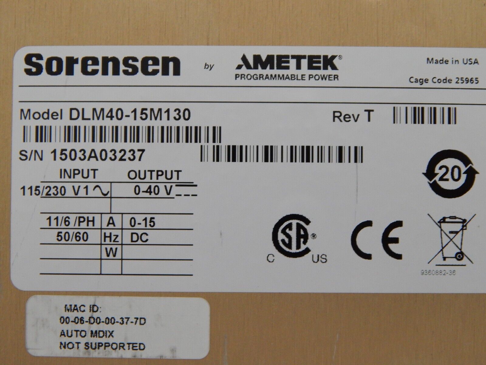 Sorensen DLM40-15 M130 LXI DC Power Supply 30 Day Warranty, 7 in stock