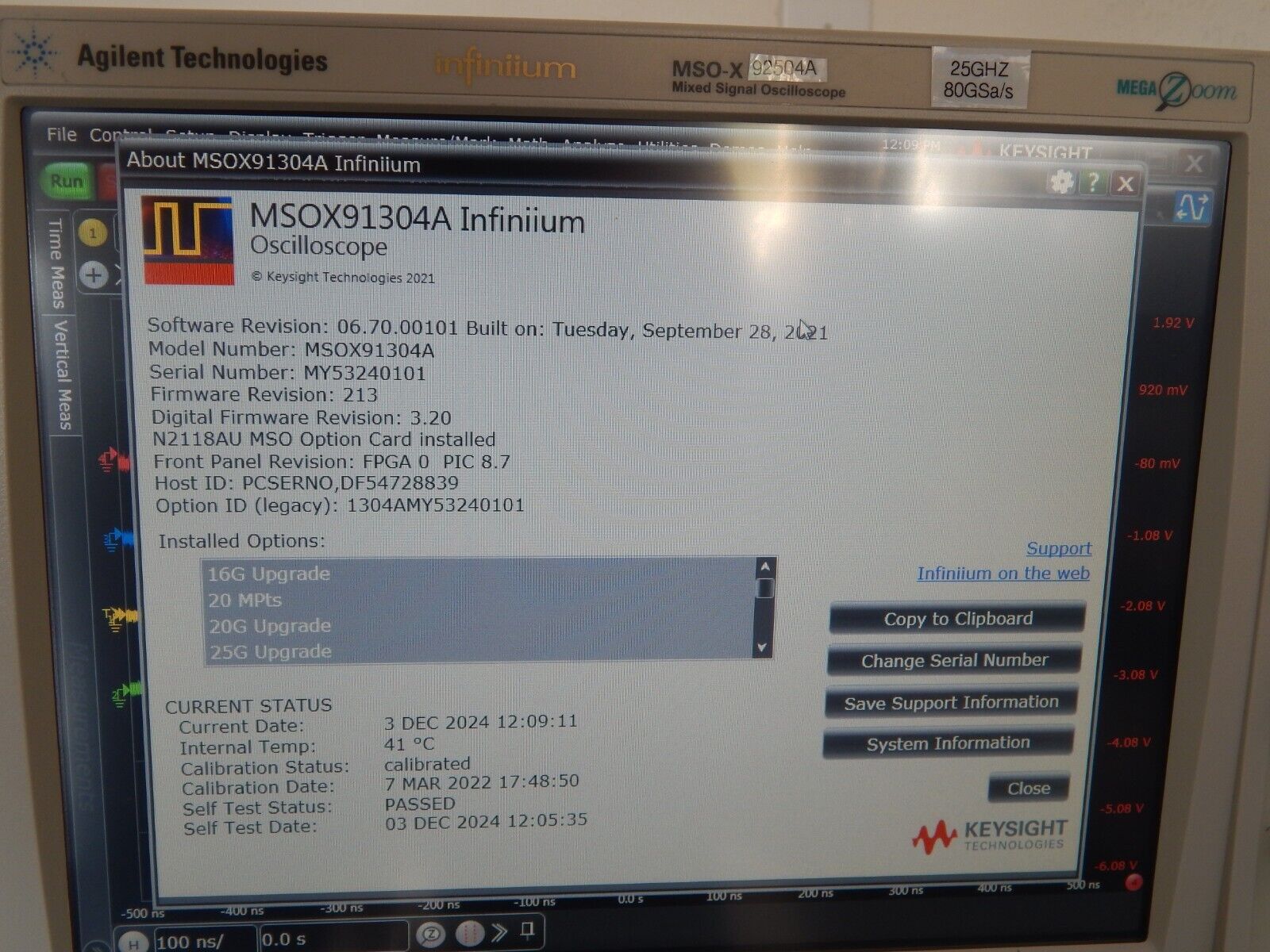 Keysight Infiniium MSOX92504A 25GHz Mixed Signal Oscilloscope Z540 cal 12/2024