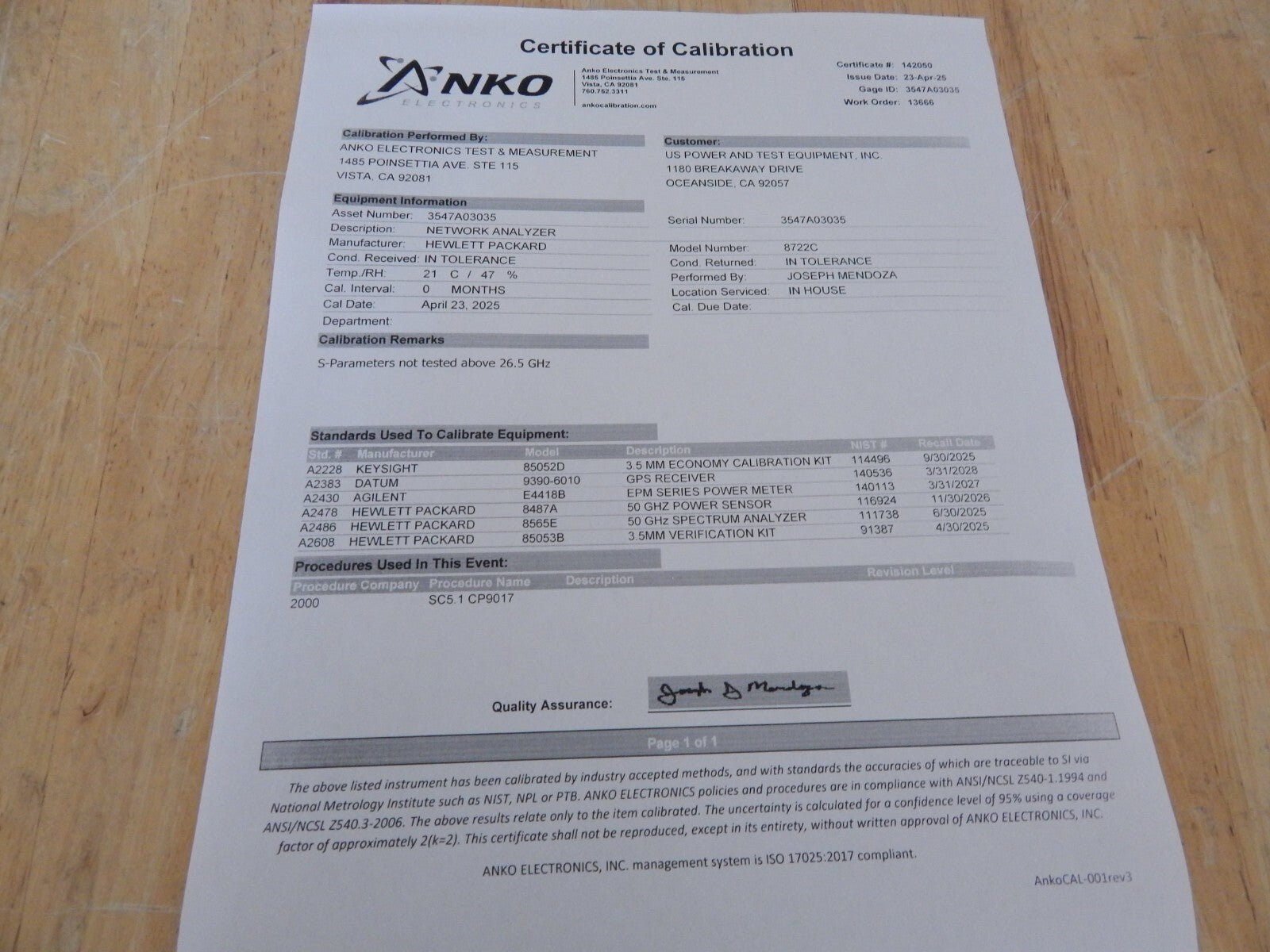Agilent/Keysight 8722C w/001, 006, 50Mhz-40GHz Network analyzer, s/n3547A03035