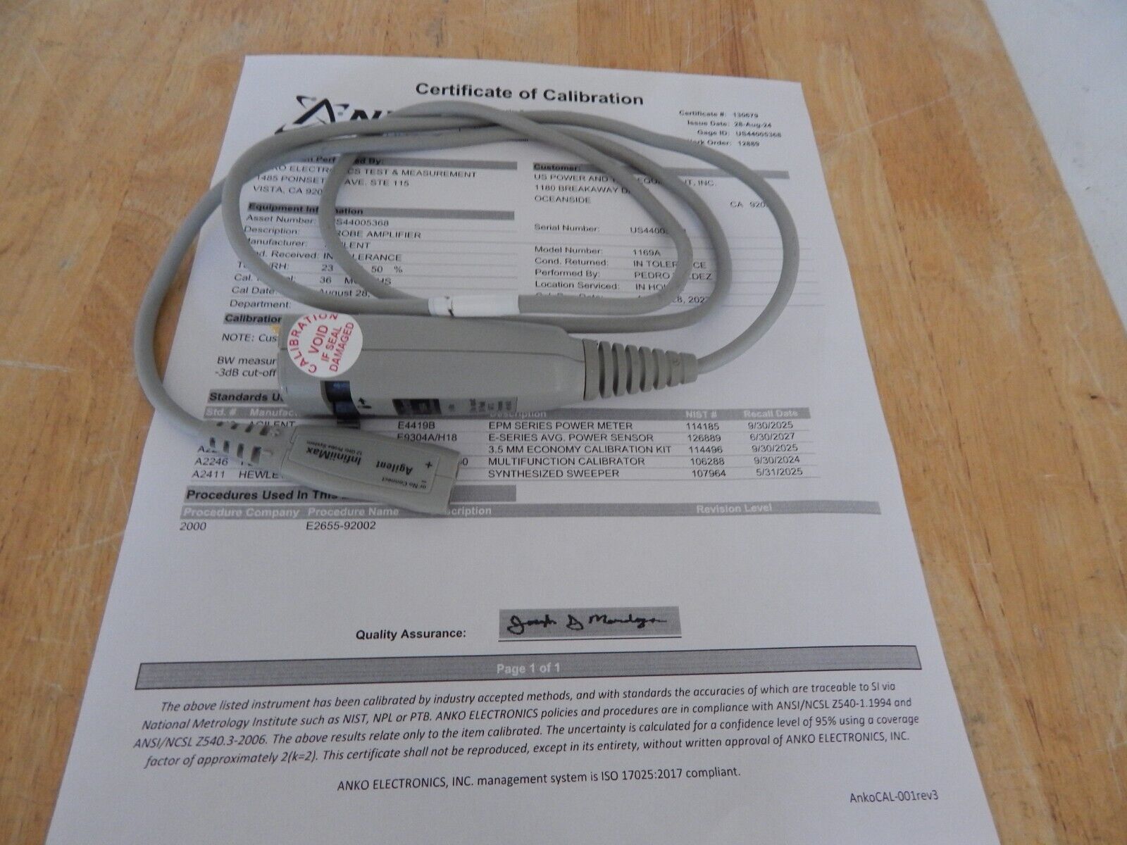 Agilent 1169A Oscilloscope 12 GHz InfiniiMax Probe, NIST calibration US44005368