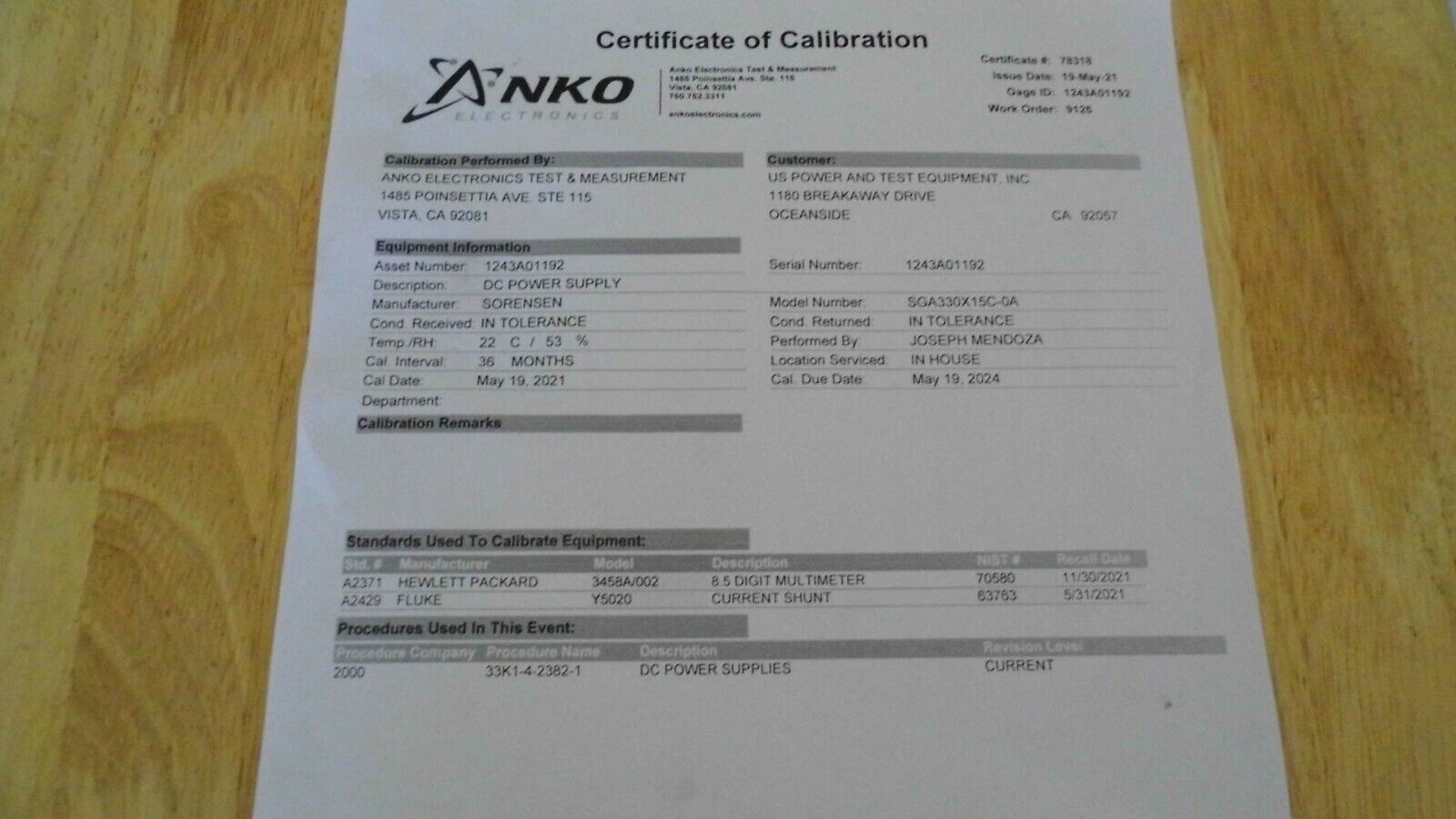 SGA330X15C-0AAA 5KW 0-330VDC 0-15A SORENSEN NIST calibrated 5/18/21