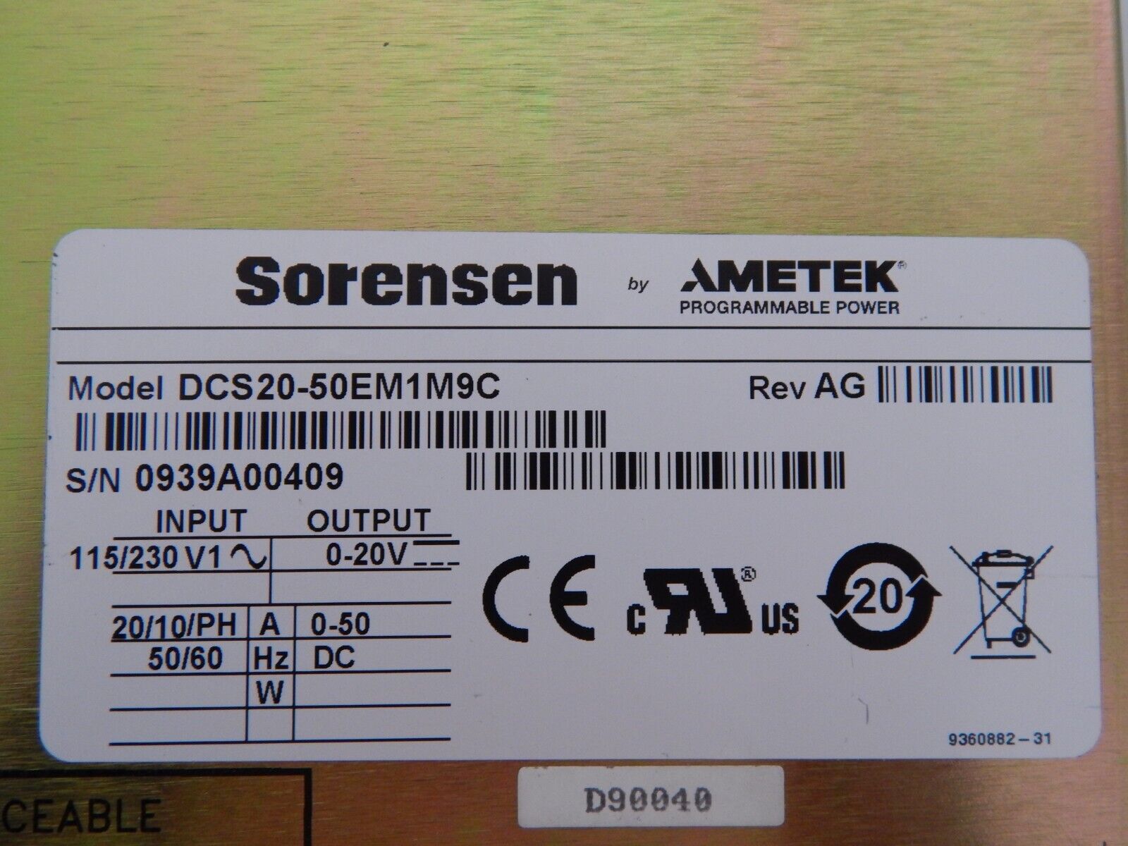 SORENSEN DCS20-50E M9C (GPIB) DC Power Supply (2 in stock)