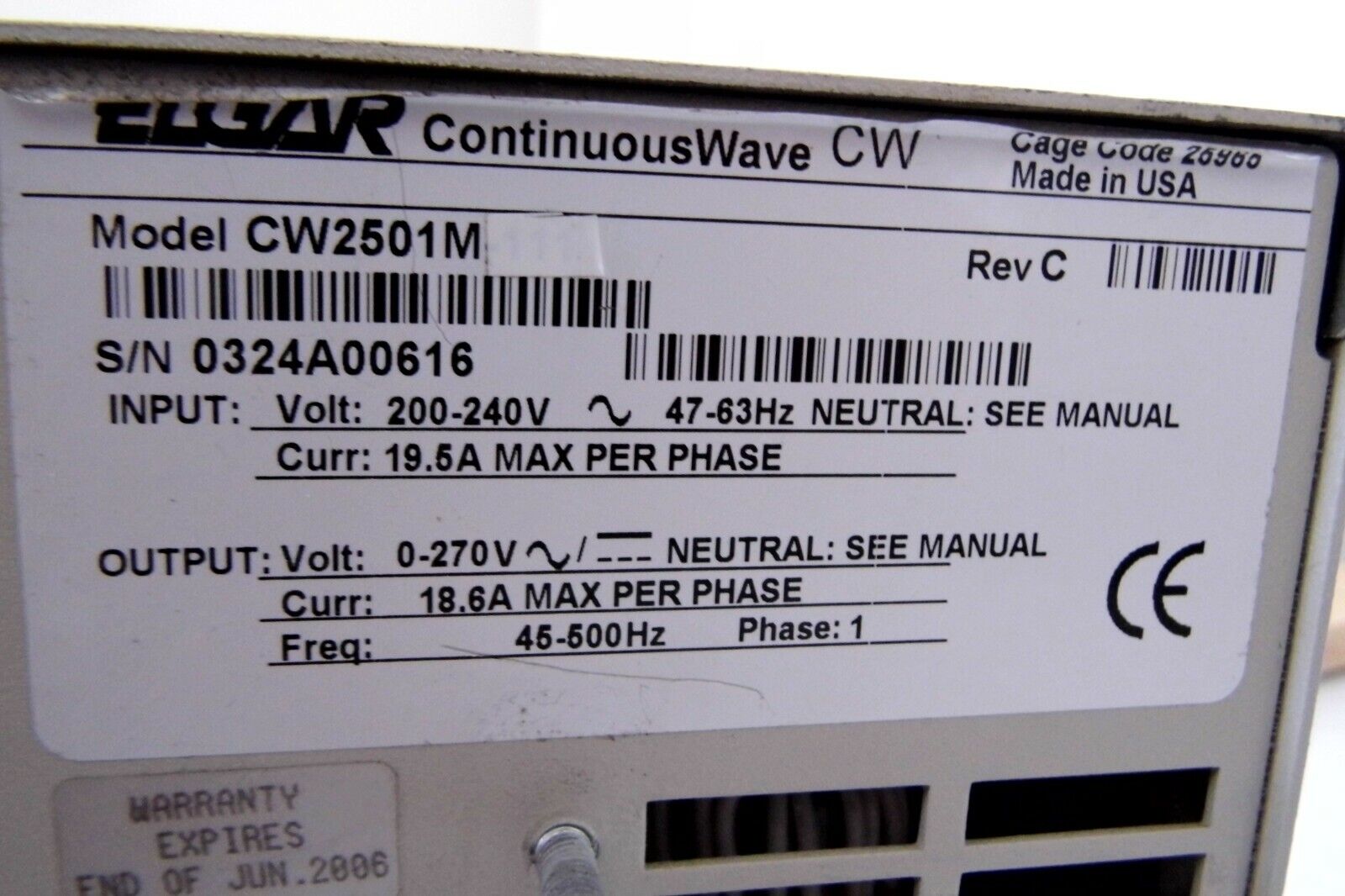 Ametek  CW2501M 2500VA AC Source 135/270Vac 18.2/9.6A 45-500Hz 11 in stock