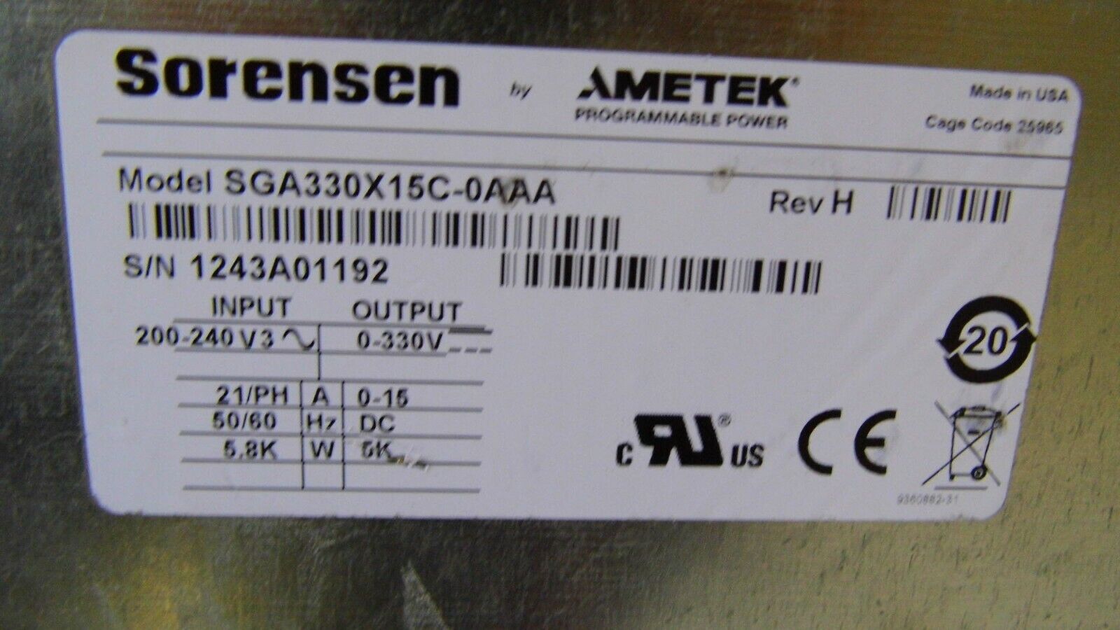 SGA330X15C-0AAA 5KW 0-330VDC 0-15A SORENSEN NIST calibrated 5/18/21