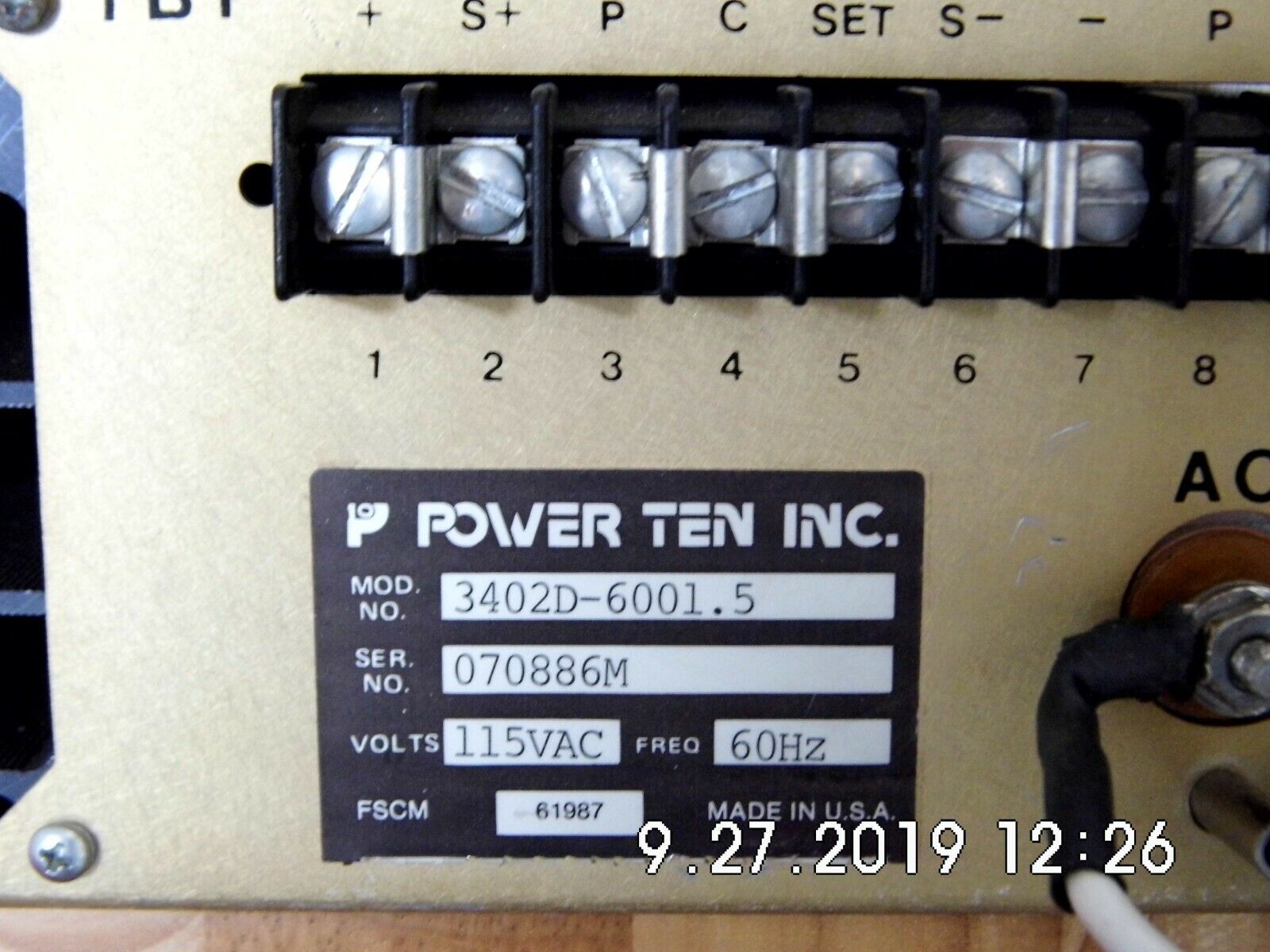 Power Ten Inc. 3402D-6001.5 600Vdc 1.5A DC Power Supply, Functionally Tested
