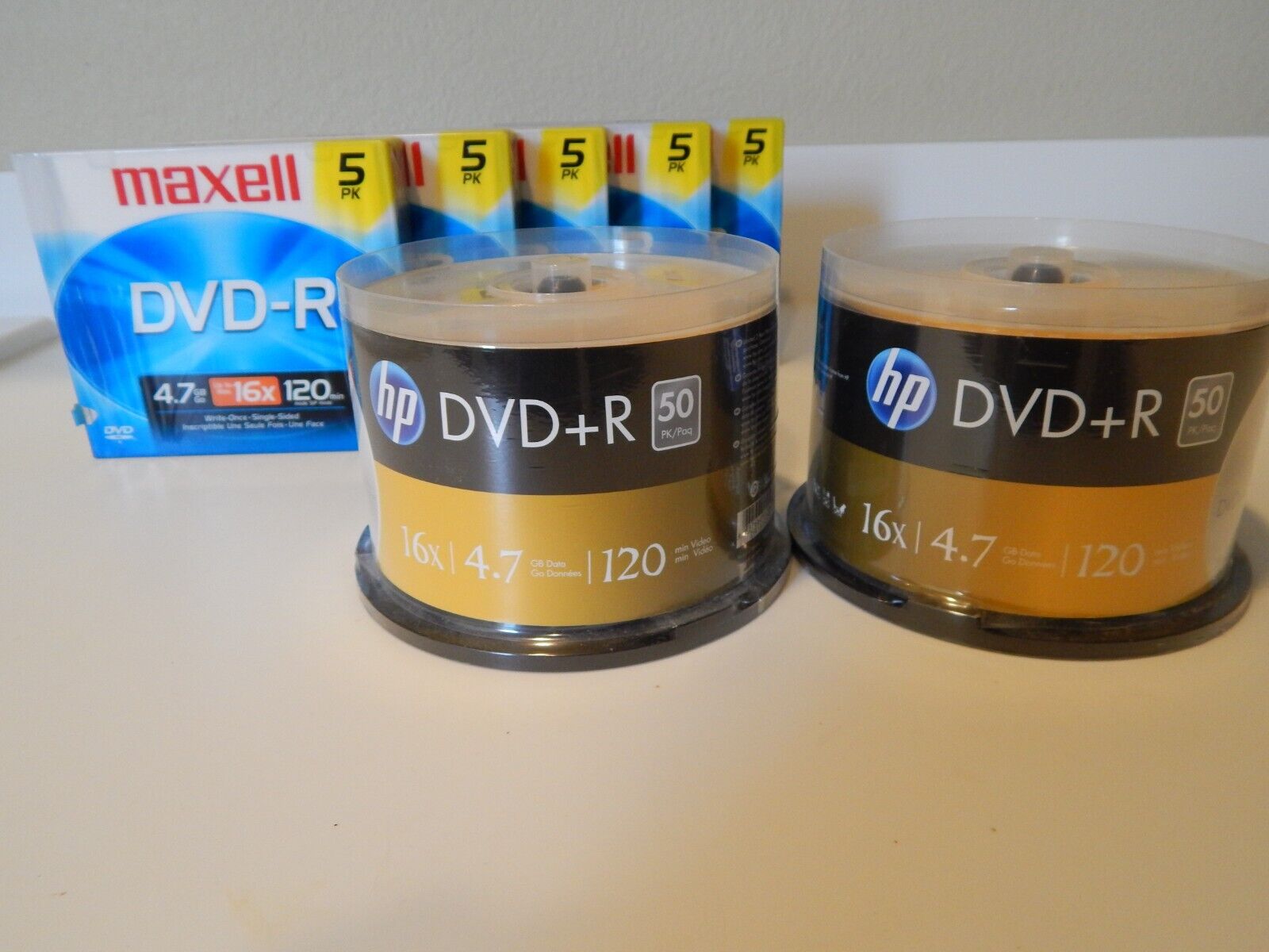 BRAND NEW- HP DVD+R  2/50 pk, Maxwell DVD-R 5/5pk 16x 4.7GB 120 min, Lot of 125