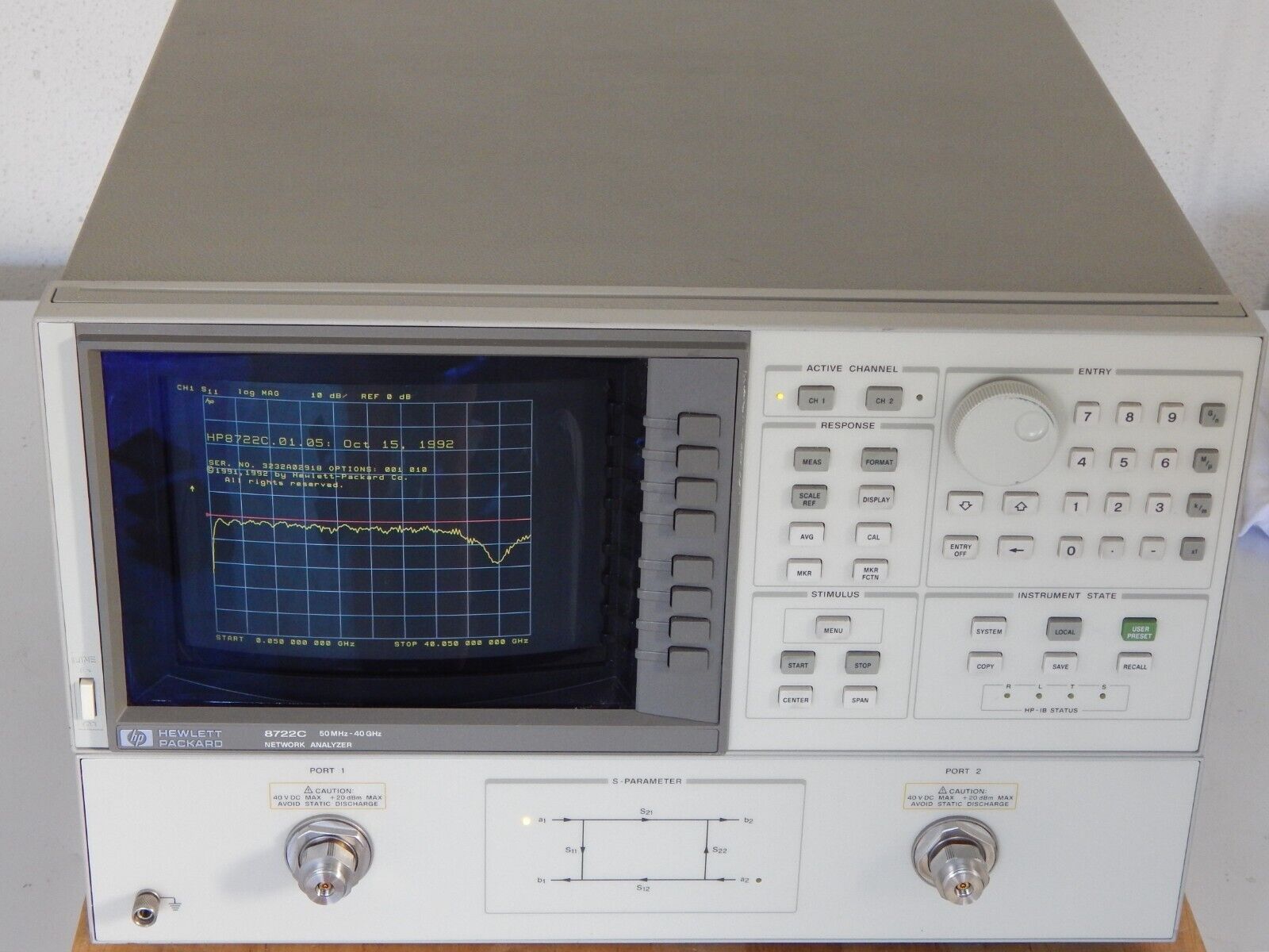 Agilent/Keysight 8722C w/001, 010  s/n 3232A02918 Network Analyzer, 50Mhz-40GHz