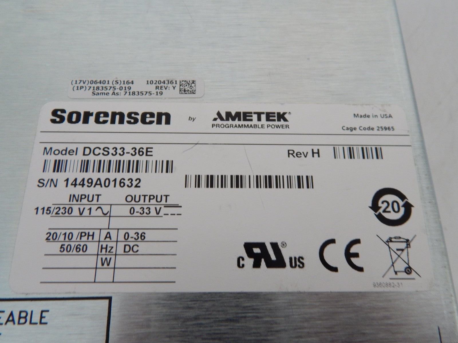 Sorensen DCS33-36E DC Power Supply