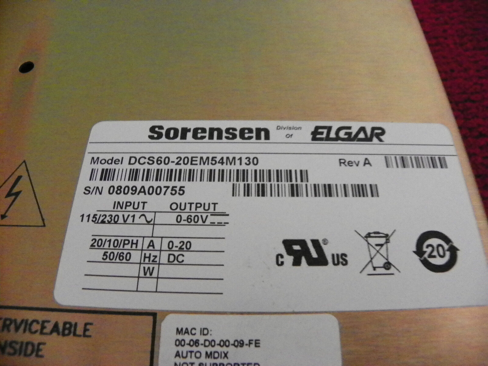 Sorensen DCS60-20E M54M130 60V, 20A,1.2 kW,  Prog. DC Power Supply