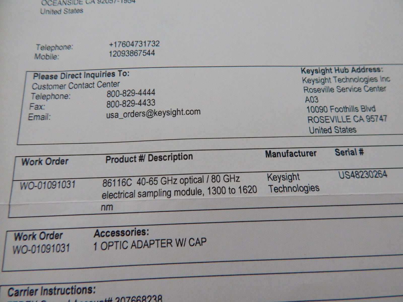 Agilent 86116C 80GHz Electrical/65Ghz Optical Mod. Opt 040, Keysight cal. 4/2025