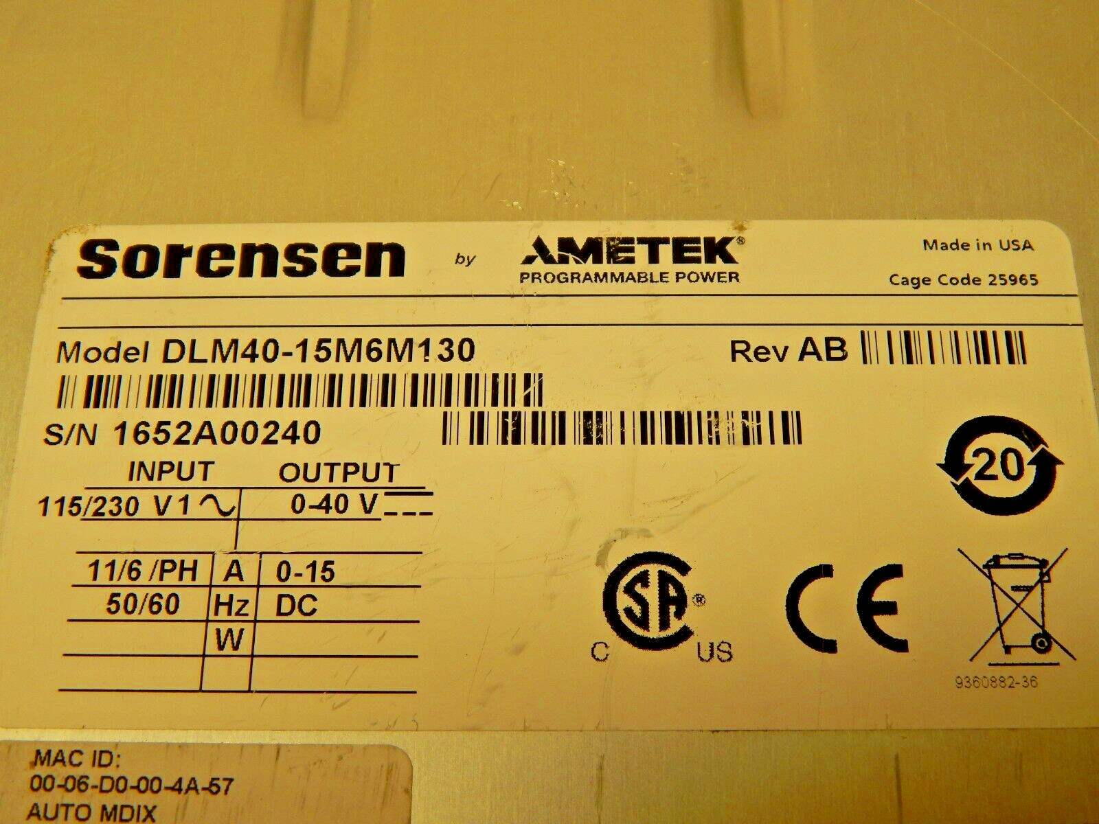 Sorensen DLM40-15 M6, M130 LXI DC Power Supply 30 Day Warranty