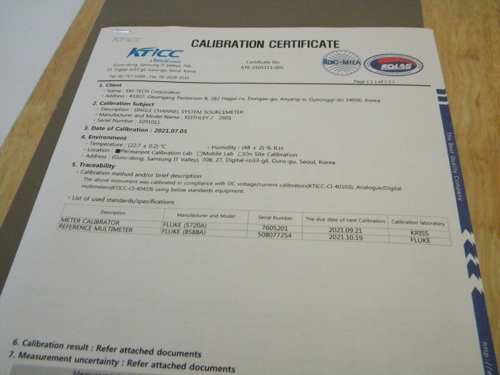 Keithley 2601 Single Channel System SourceMeter (3A DC, 10A Pulse)  ISO17025