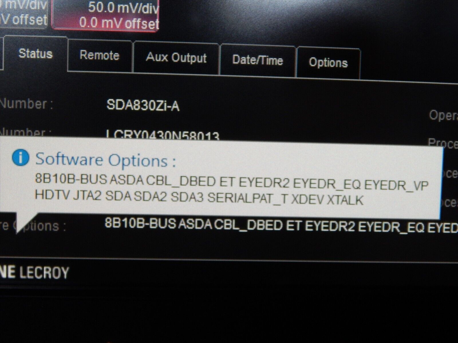 LeCroy SDA830Zi-A oscilloscope w/mfg cal & data 2/23 option loaded, WIN 10