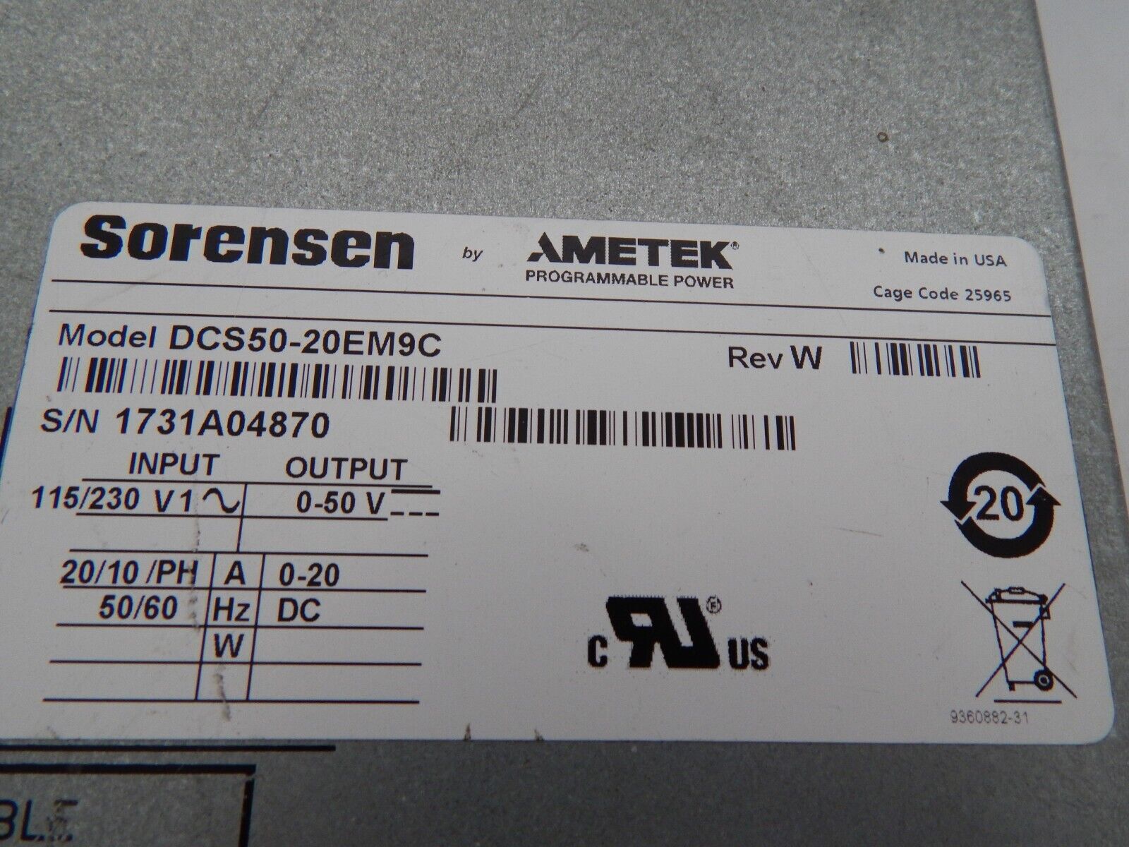 Sorensen DCS50-20E M9C Programmable DC Power Supply 50V, 20A  GPIB
