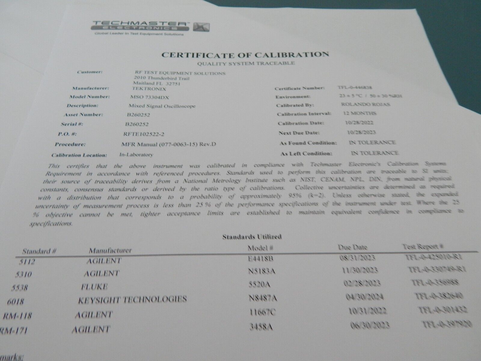 Tektronix MSO73304DX 33GHz, 100Gs/s, 4+16 Ch., mso oscilloscope,CAL,WIN7, NIST