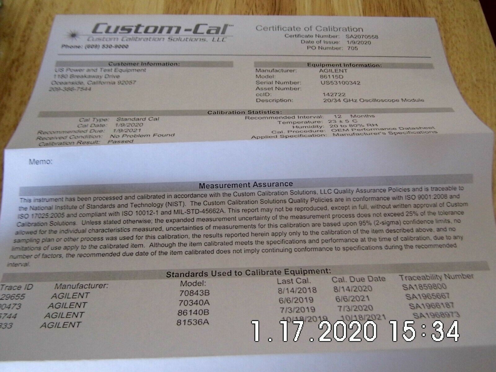 Keysight 86115D Optical Dual Module Input, Opt 102 (Dual Optical Input) NIST 