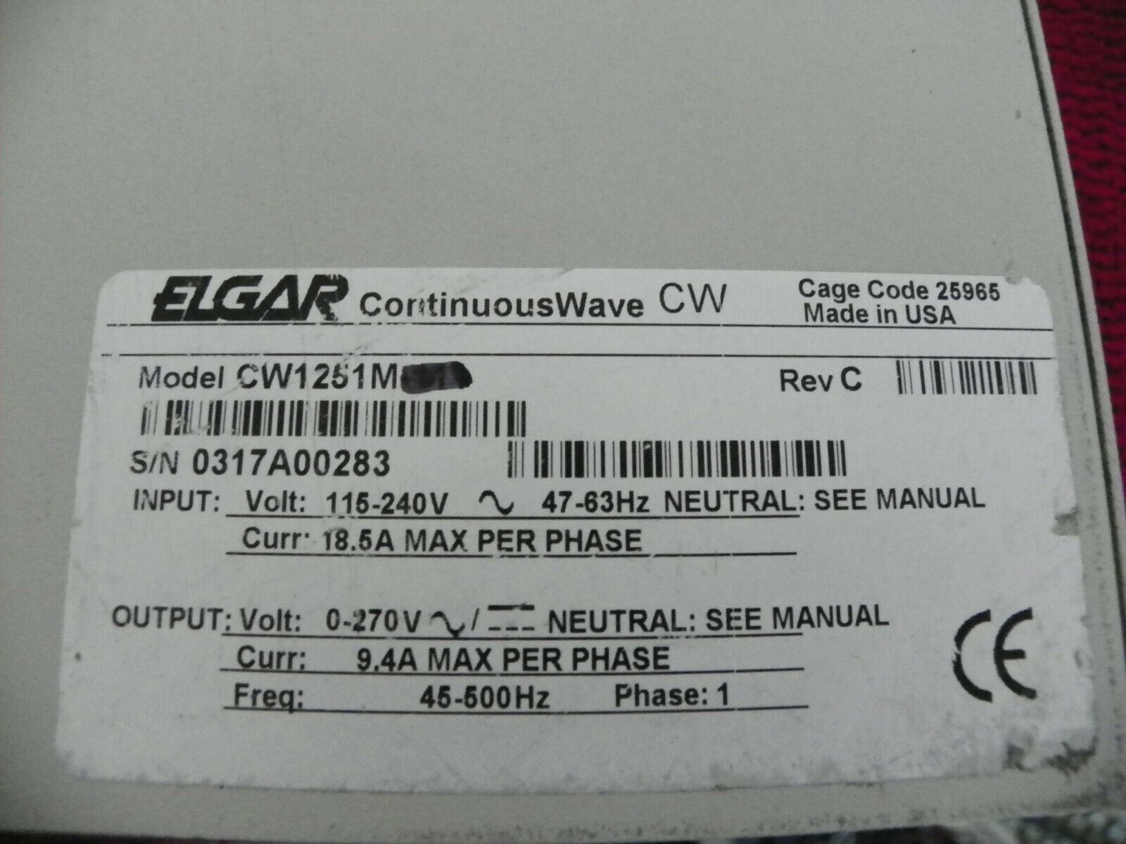 Elgar CW1251M 1250VA 45-500Hz,135/270Vac 9.26A/4.63A AC source