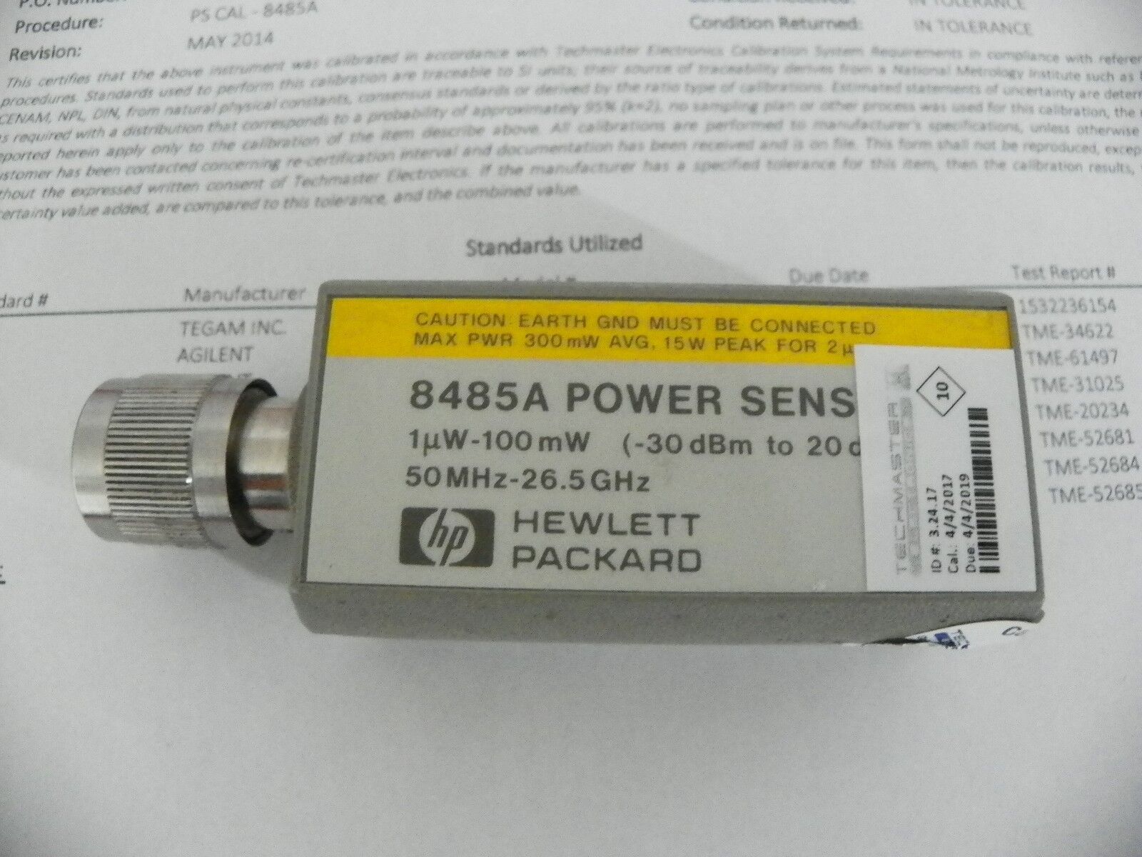 Agilent / HP 8485A 50MHz - 26.5GHz RF Pwr Sensor (-30 to 20 dBm) 2 YR NIST 04/17