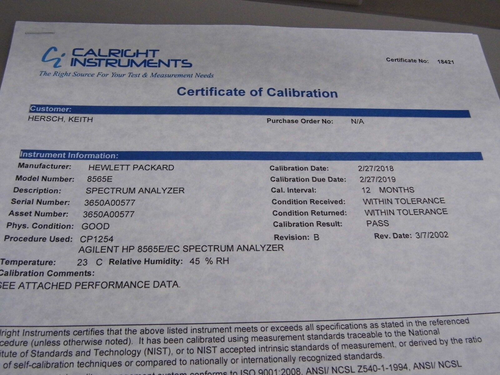 Agilent 8565E opt's 006/007 Spectrum Analyzer, 30Hz to 50GHz  NIST w/DATA