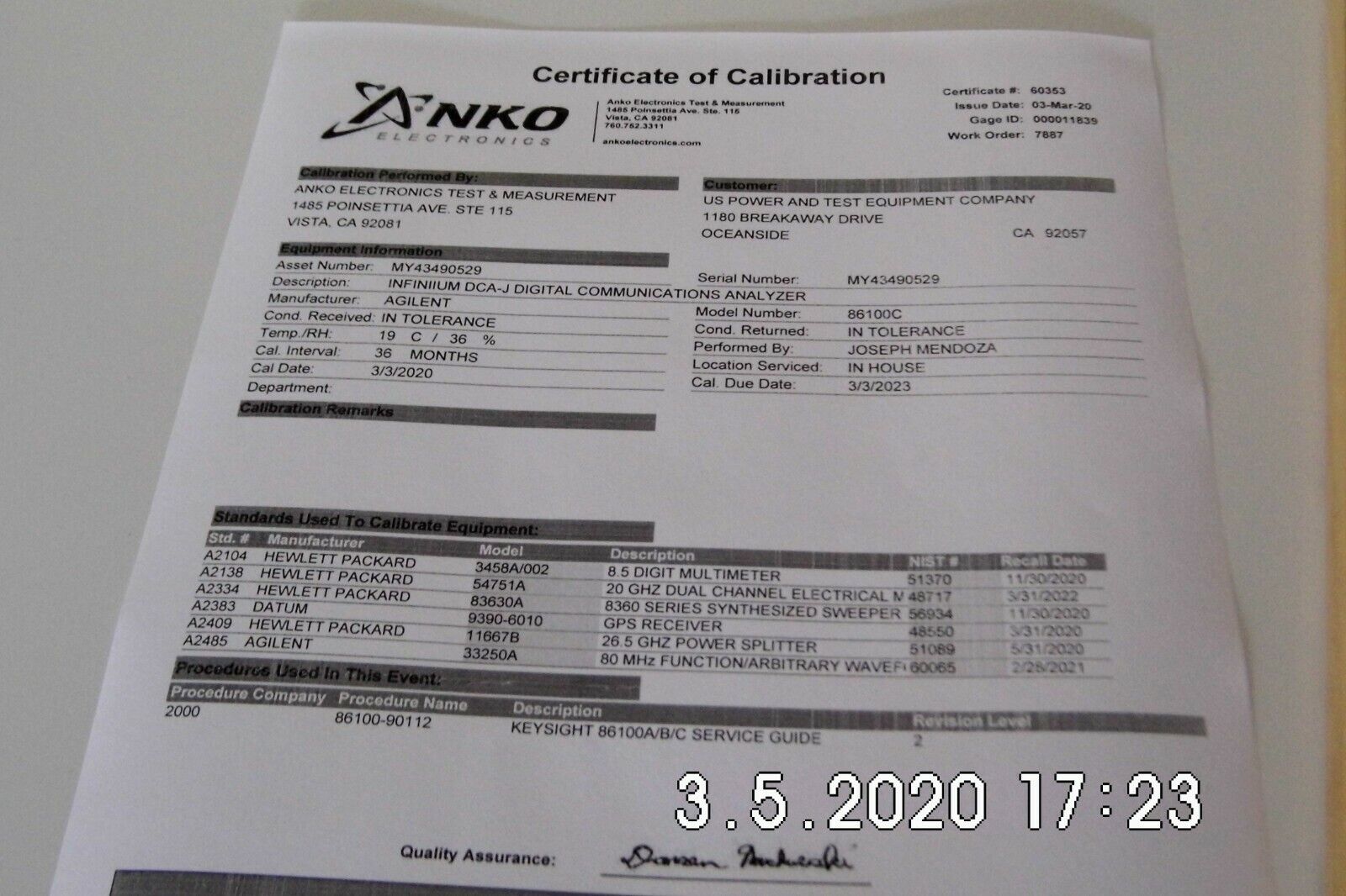 Agilent 86100C Infiniium DCA-J Oscilloscope Mainframe 001,100 NIST calibrated