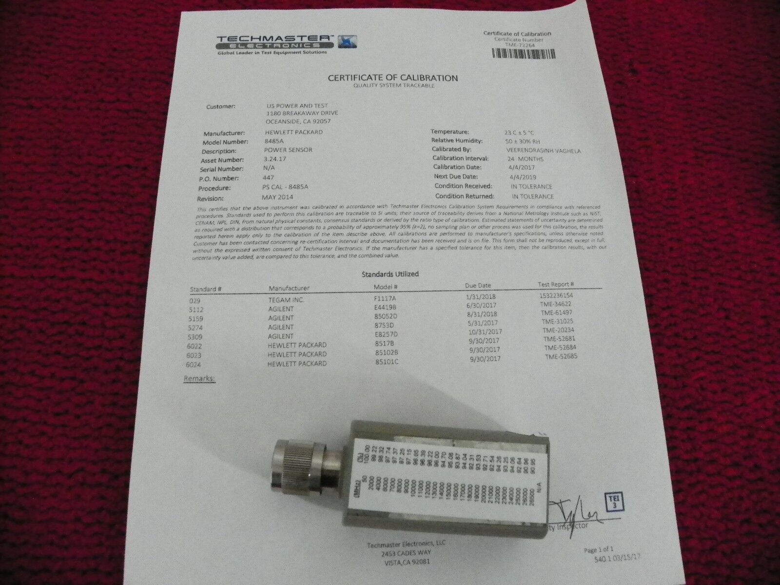 Agilent / HP 8485A 50MHz - 26.5GHz RF Pwr Sensor (-30 to 20 dBm) 2 YR NIST 04/17