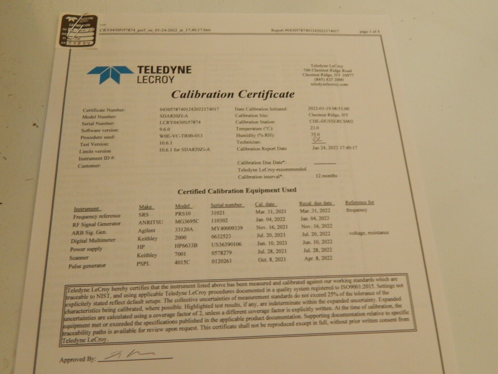 LeCroy SDA820Zi-A oscilloscope w/mfg cal & data 1/25/22 option loaded