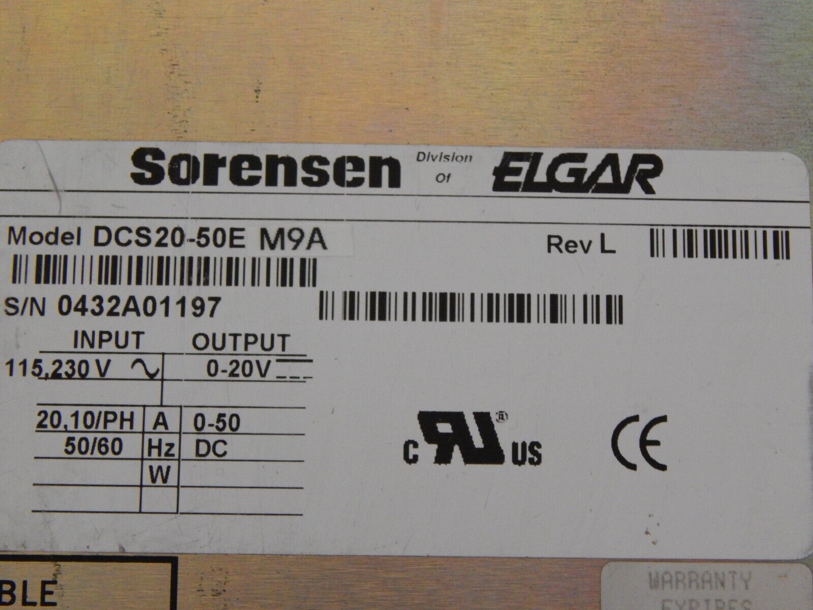 SORENSEN DCS20-50E M9A (GPIB) DC Power Supply