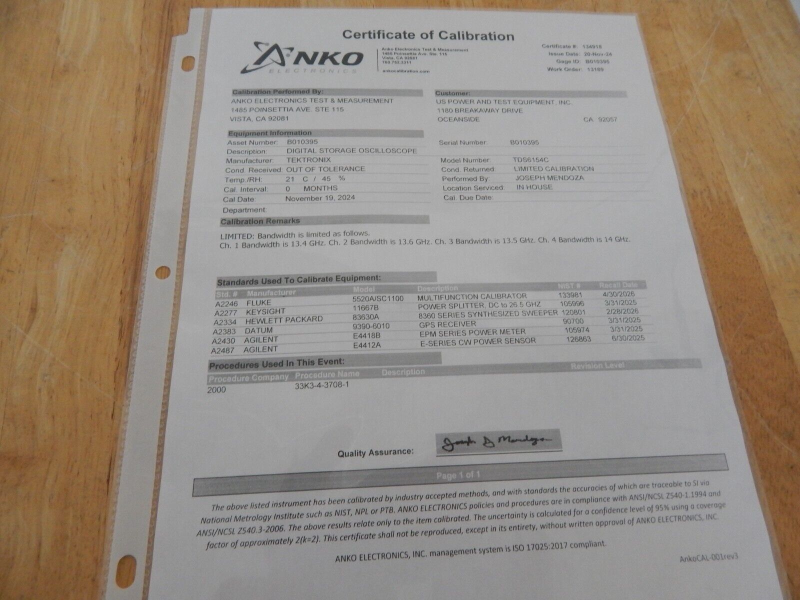 Tektronix DPO7354C 4 Channel 3.5GHz Phosphor Oscilloscope C300192 NIST cal'd