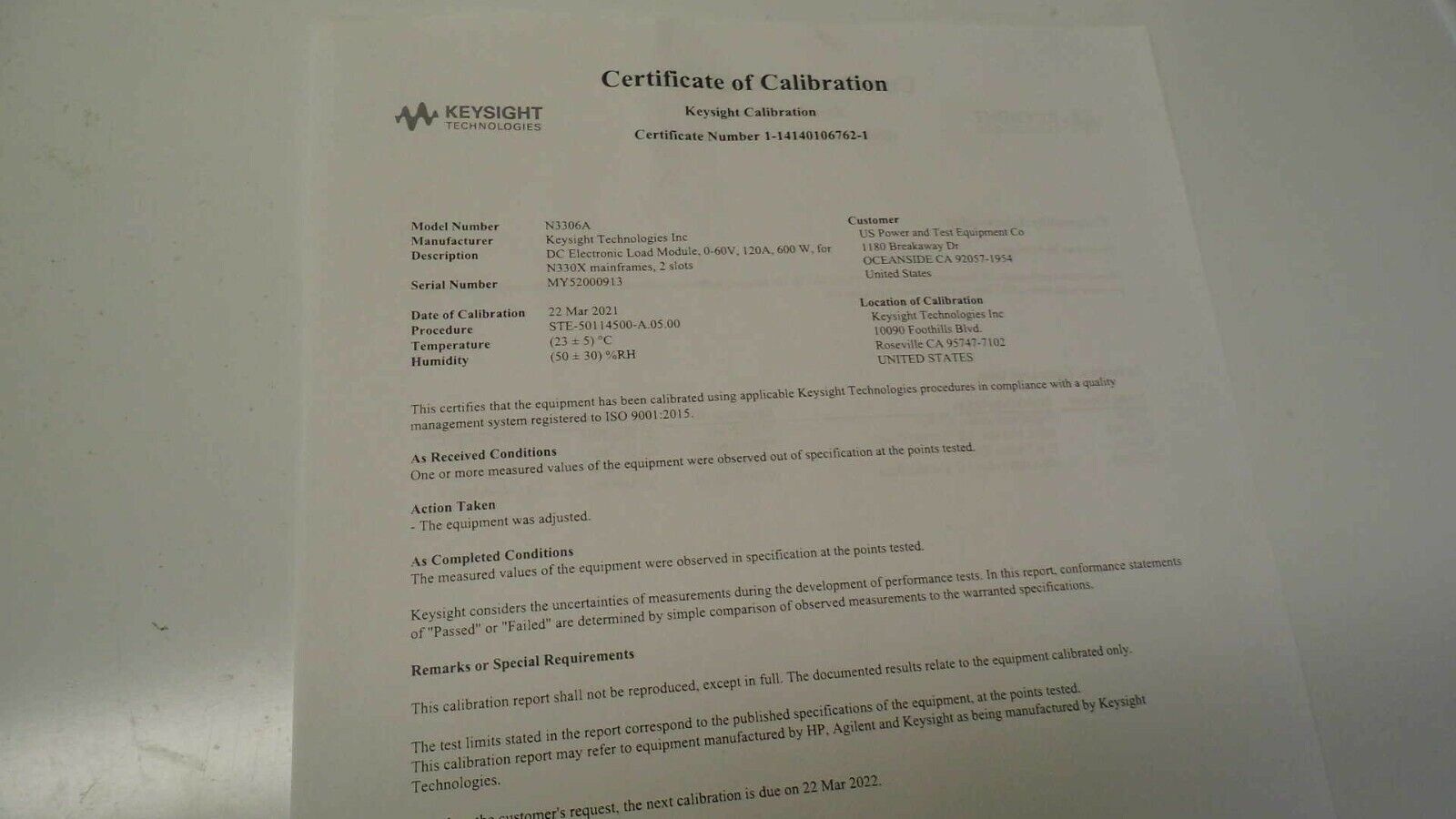 Agilent N3306A DC  Load Module,60V,120A, 600W Keysight cal 3/21 (8 in stock)