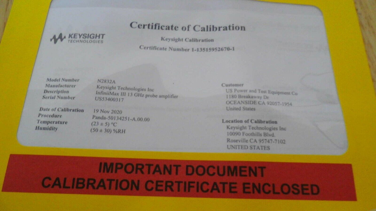 Keysight  N2832A InfiniiMax III Probe Amplifier 13GHz w/ exp Keysight cal