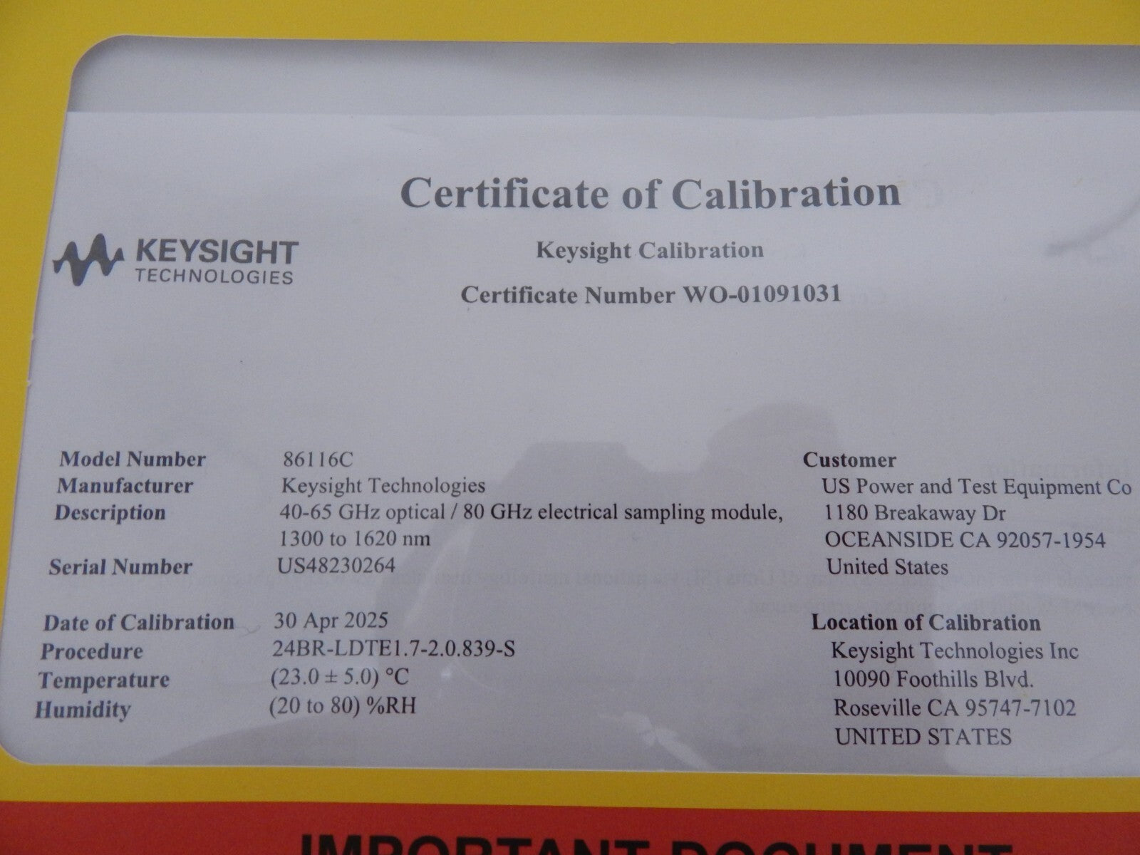 Agilent 86116C 80GHz Electrical/65Ghz Optical Mod. Opt 040, Keysight cal. 4/2025