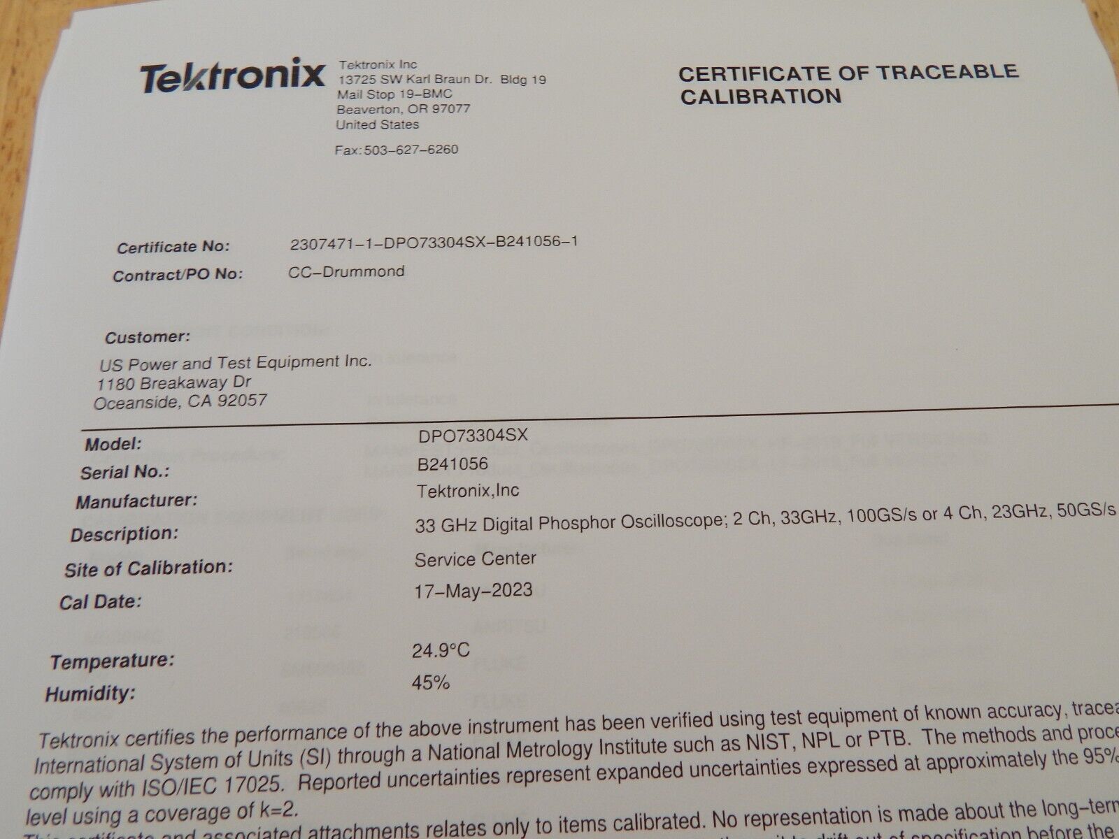 Tektronix DPO73304SX 33GHz, 100GS/s Tektronix NIST cal. w/data, 30 day wrnty