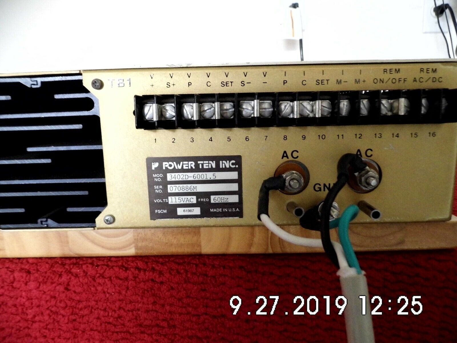 Power Ten Inc. 3402D-6001.5 600Vdc 1.5A DC Power Supply, Functionally Tested