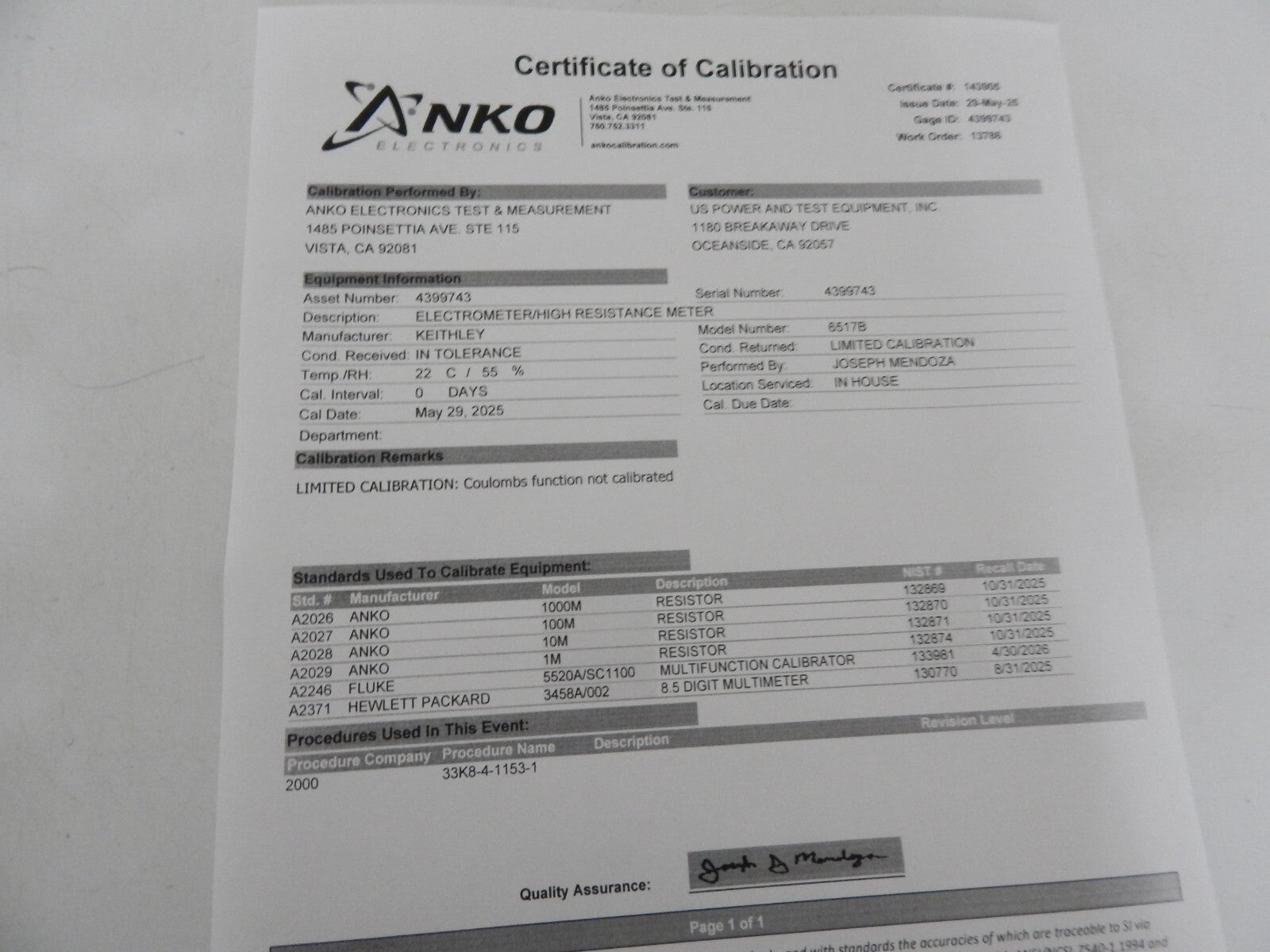 Keithley 6517B Electrometer High Resistance Meter, Limited NIST calibration 5/29