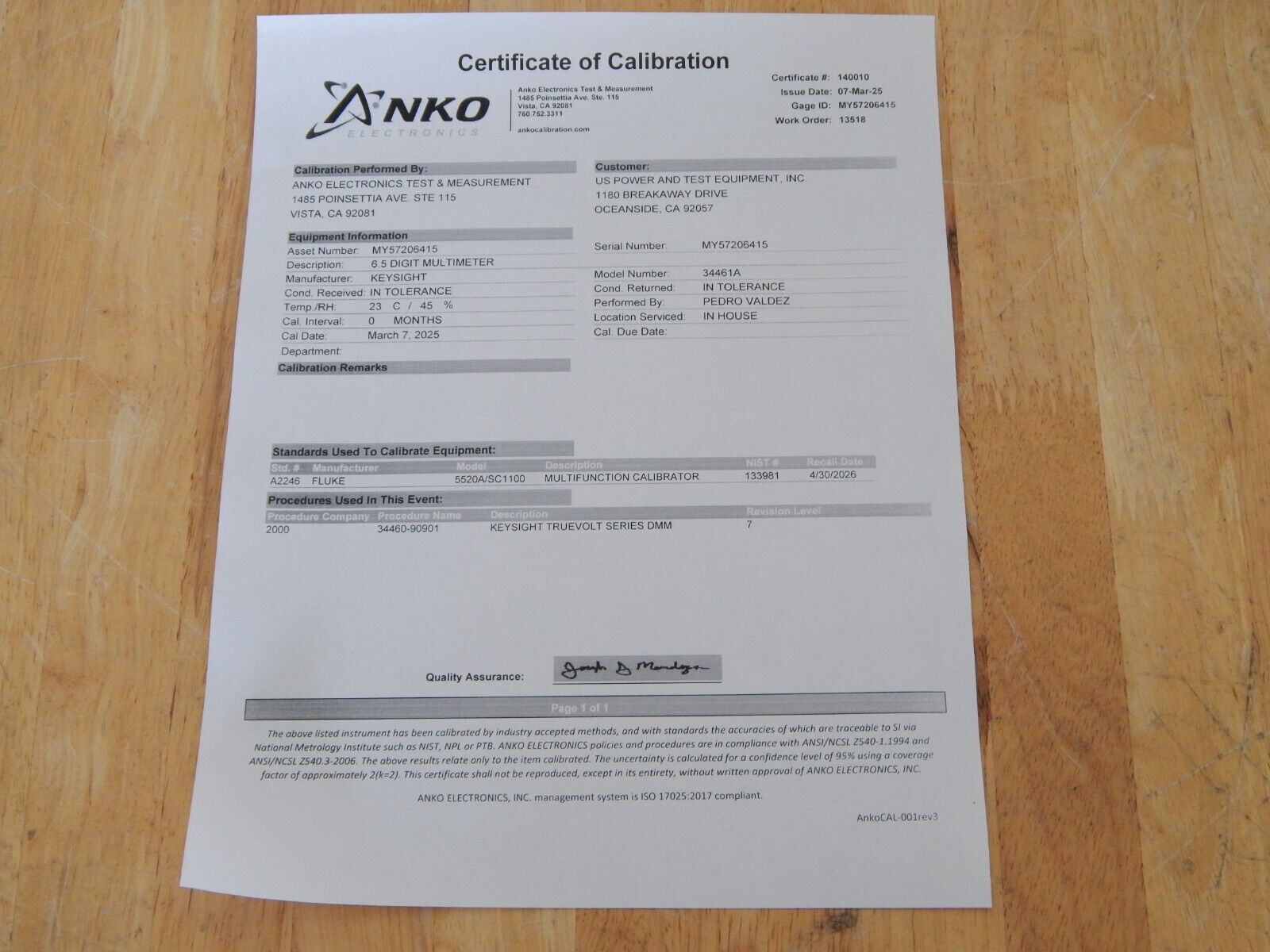 Keysight 34461A, 6½ Digit True volt DMM, NIST Cal