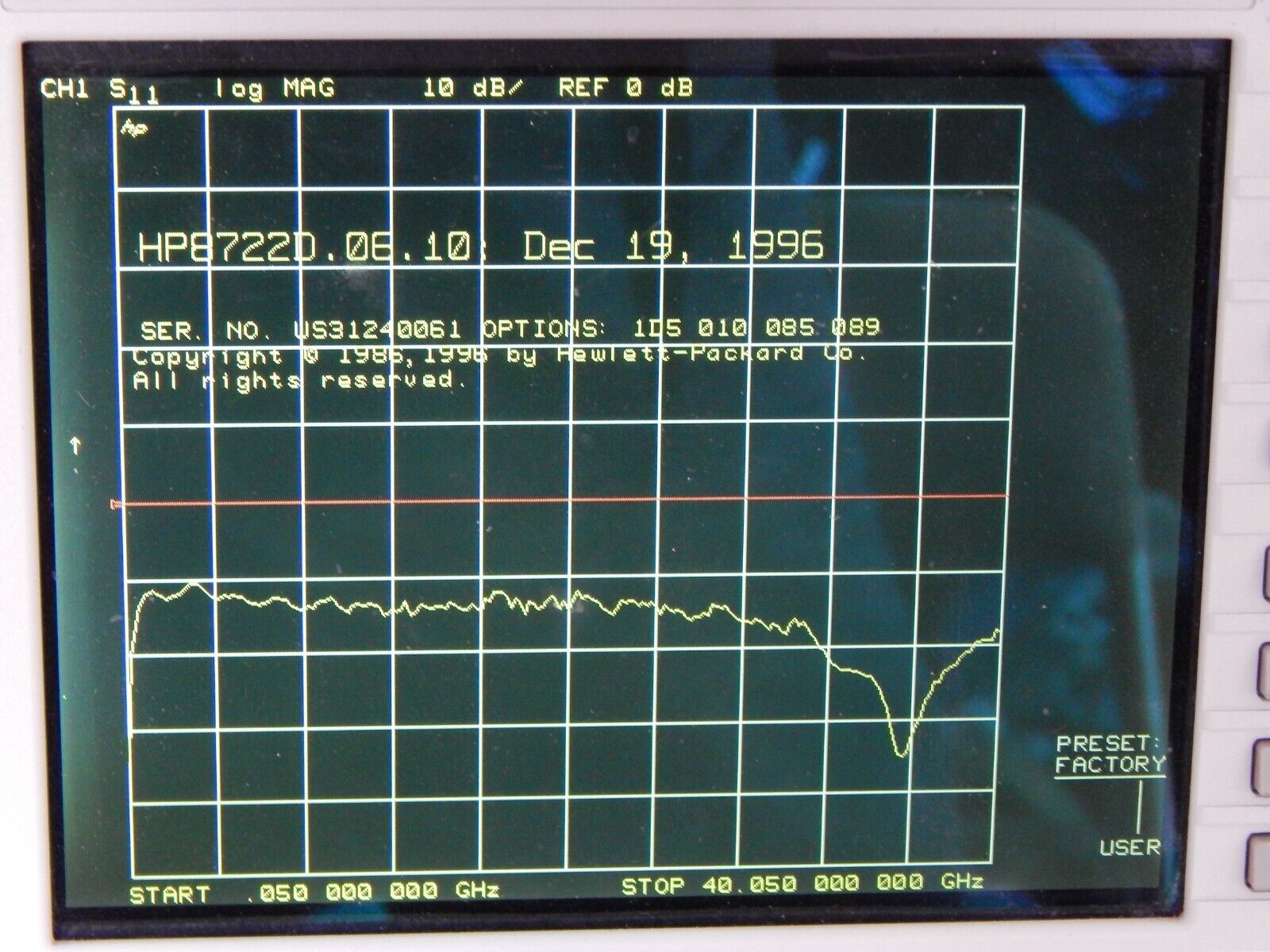 HP / Agilent 8722D Network Analyzer Options 010, 1D5, 085, 089. s/n US31240061
